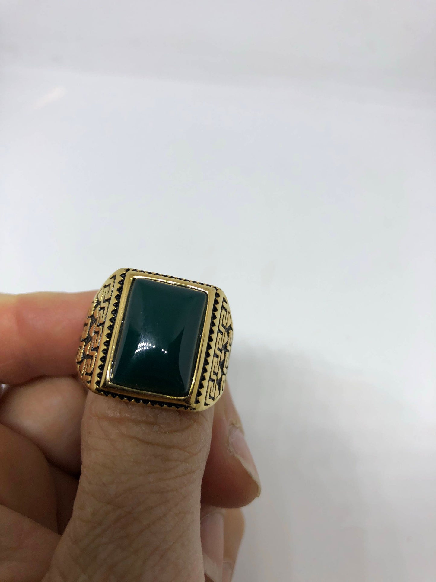 Vintage Gothic Gold Finished Genuine Green Chrysopraise Mens Ring