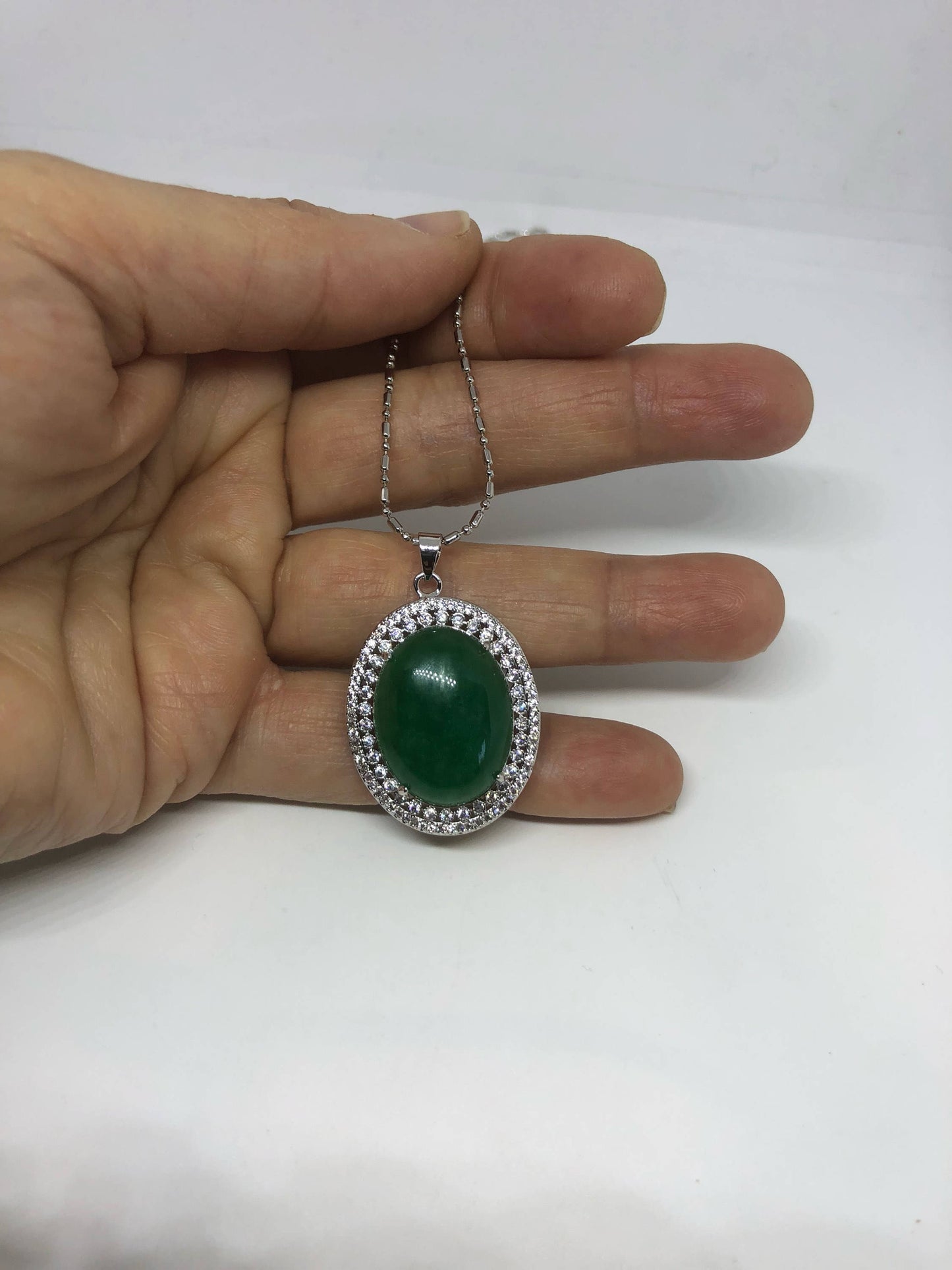 Vintage Green Jade Choker Silver Finish Necklace Pendant