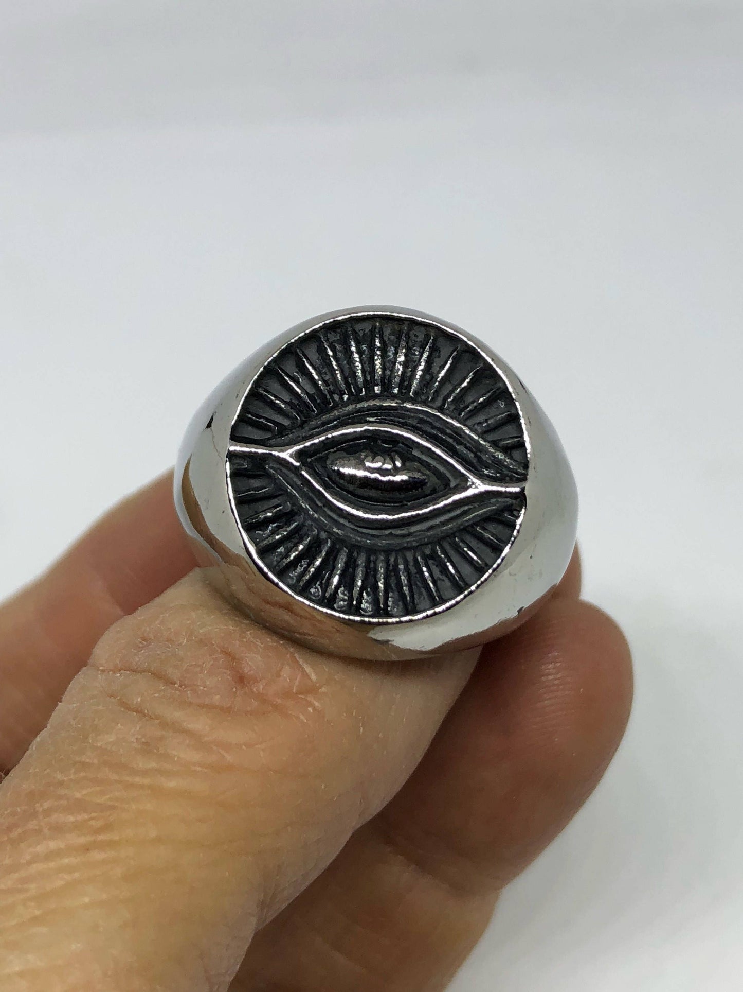 Vintage Gothic Silver Stainless Steel Illuminati Eye Mens Ring