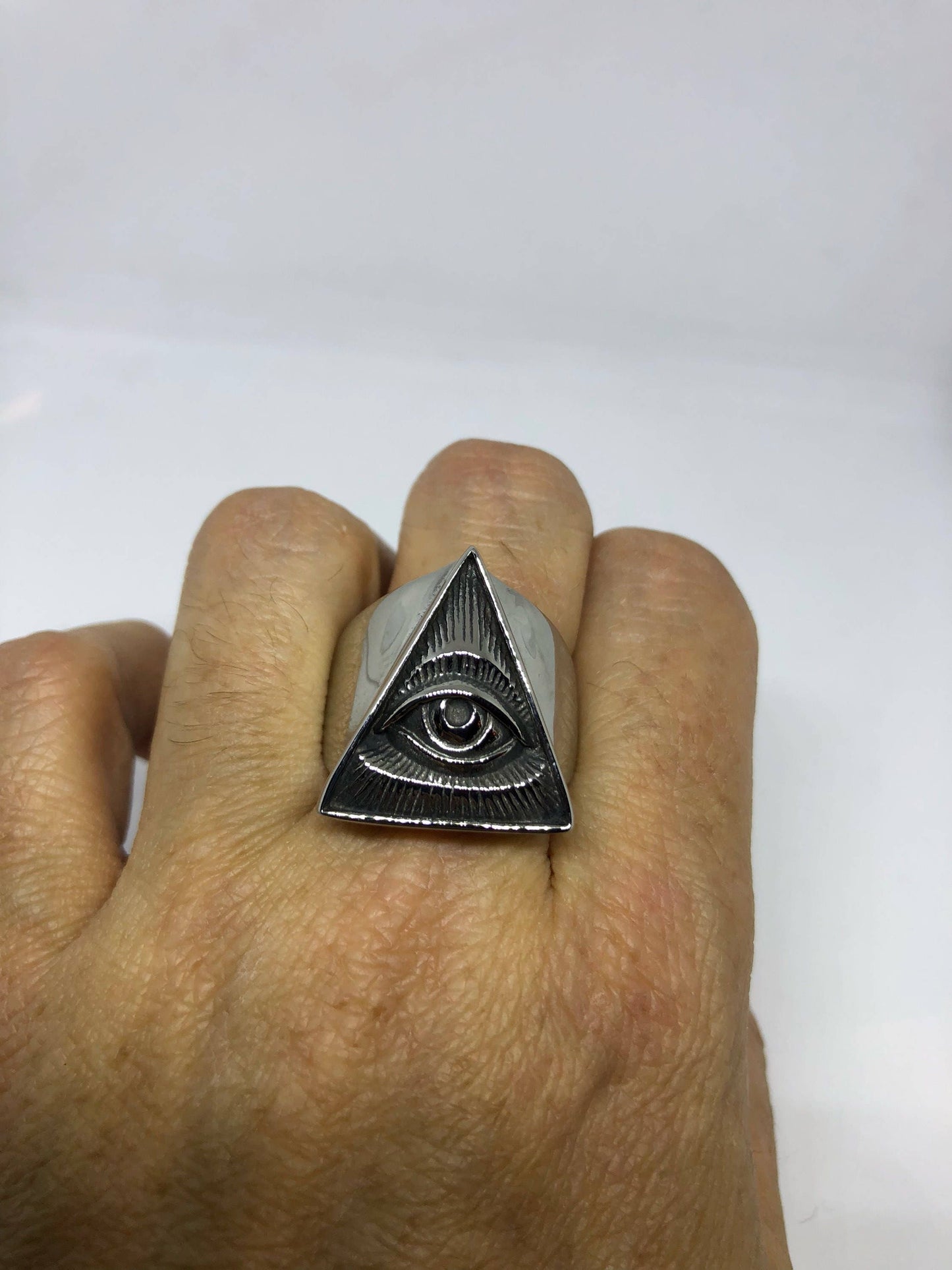 Vintage Gothic Stainless Steel Illuminati Eye Pyramid Mens Ring