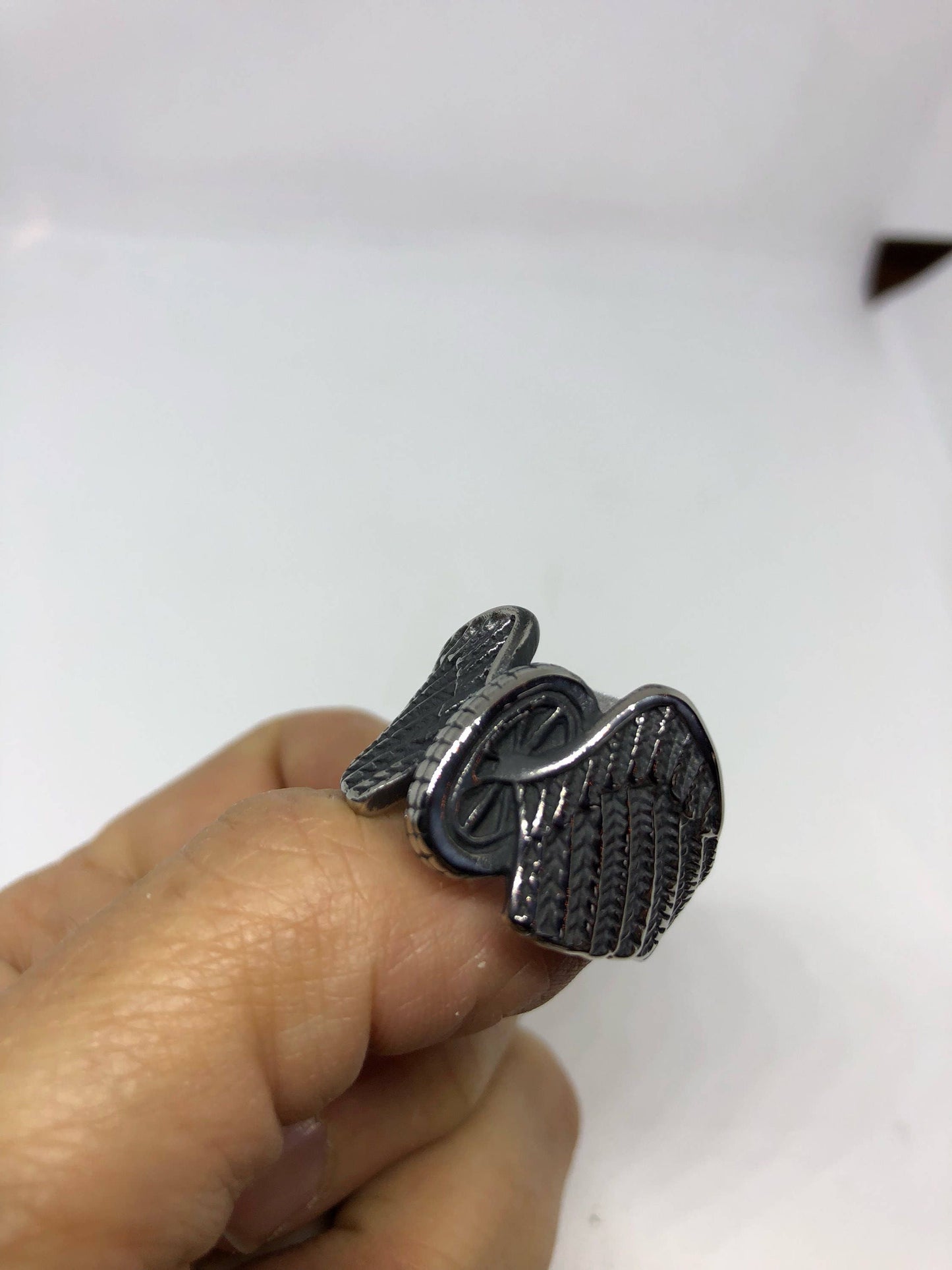 Vintage Gothic Stainless Steel winged Biker Tire Mens Ring