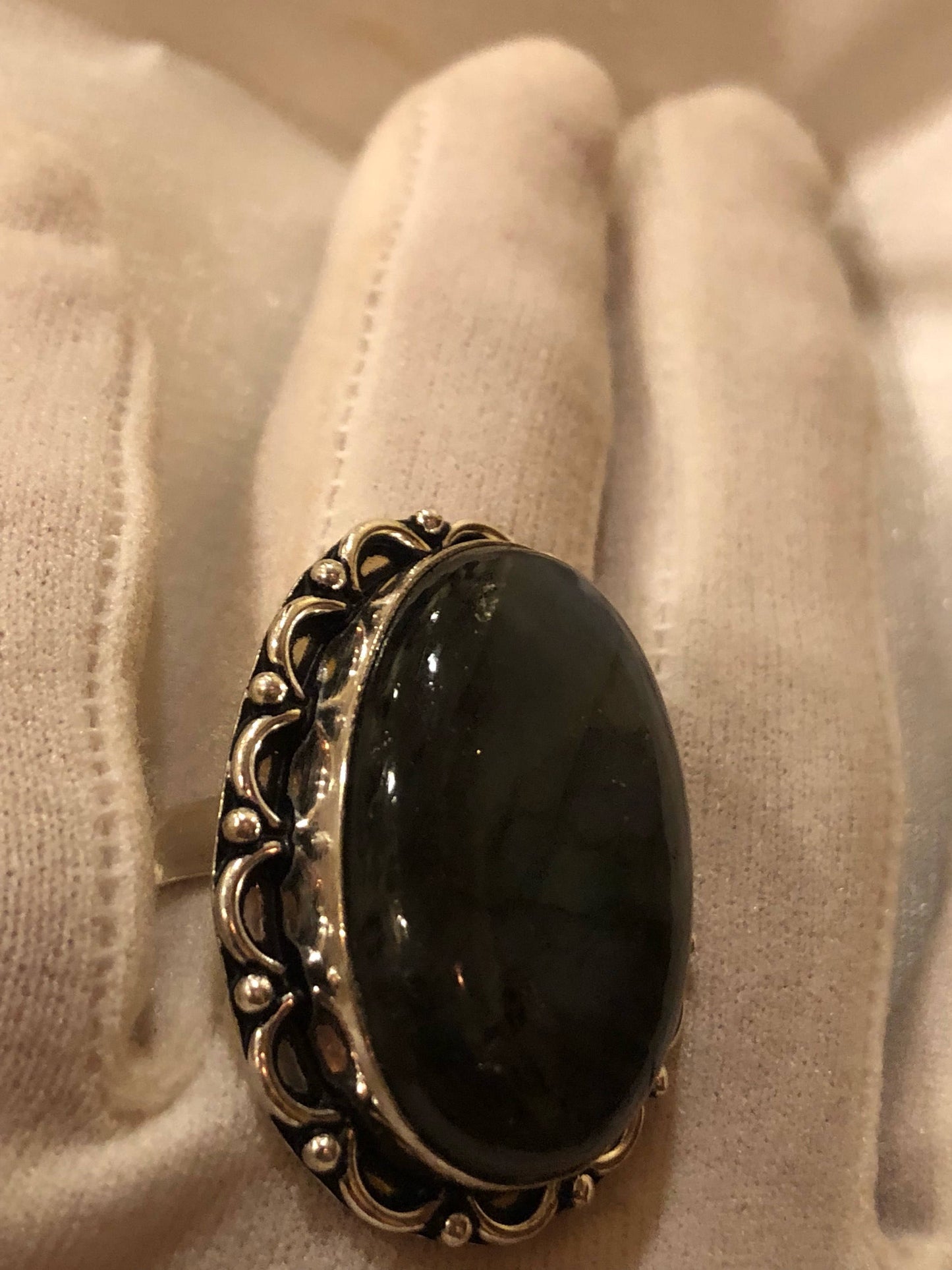 Vintage Large Labradorite Rainbow Moonstone Stone Silver Ring
