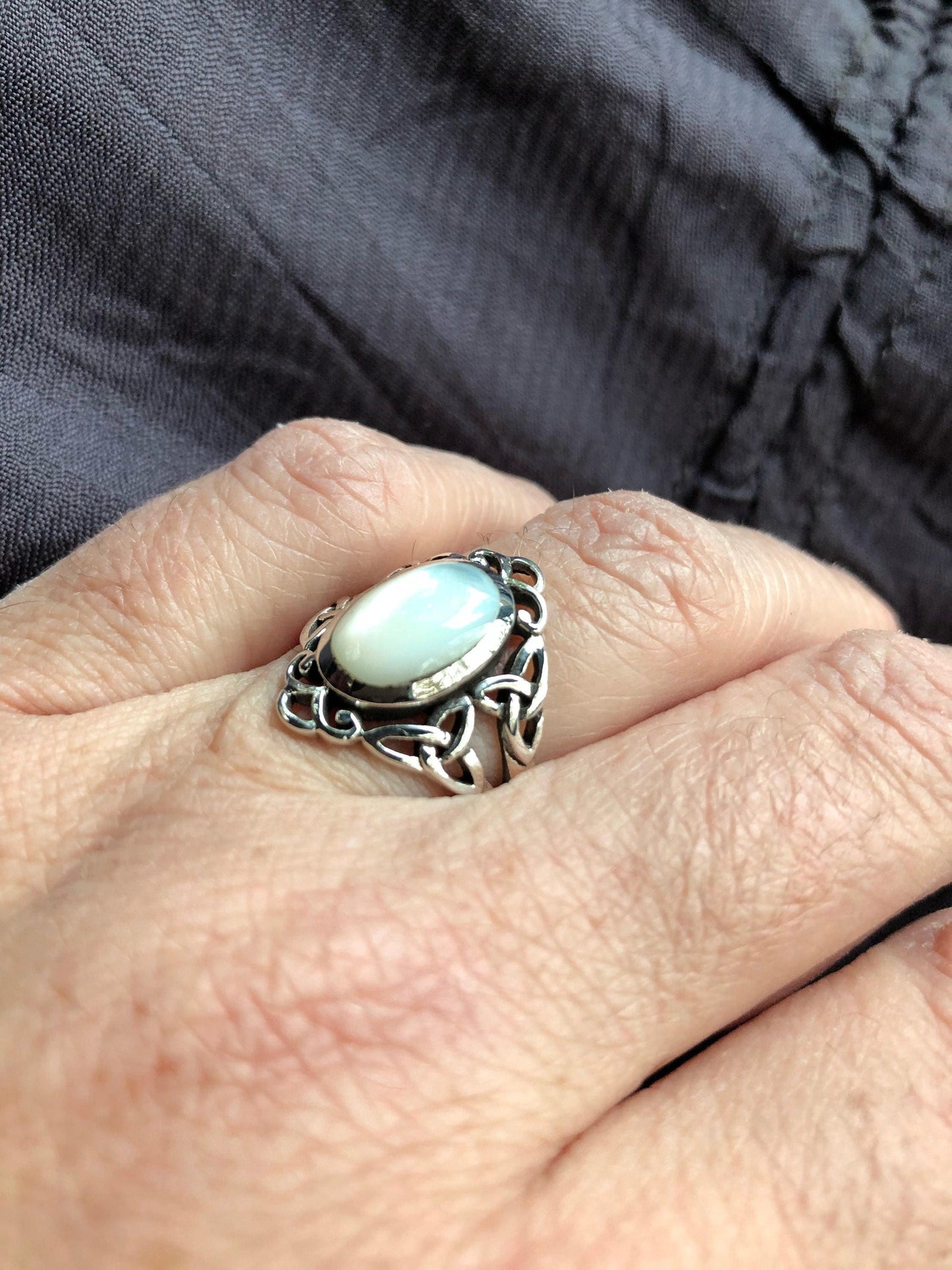 Antique White Mother of Pearl Filigree Sterling Silver Ring