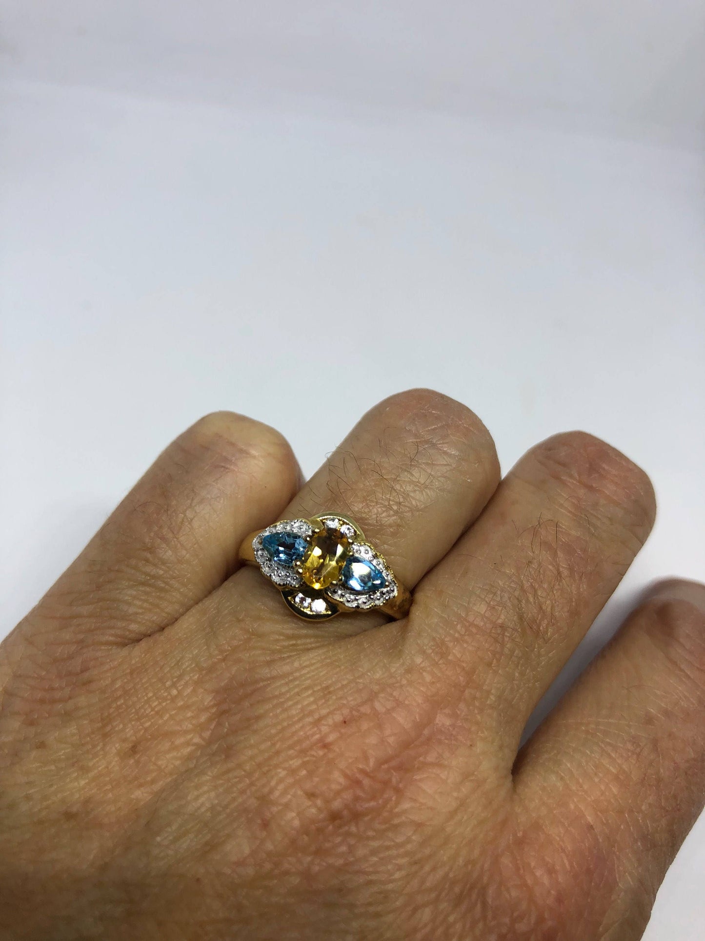 Vintage Golden Citrine Blue Topaz Ring Deco Cocktail 925 Sterling Silver