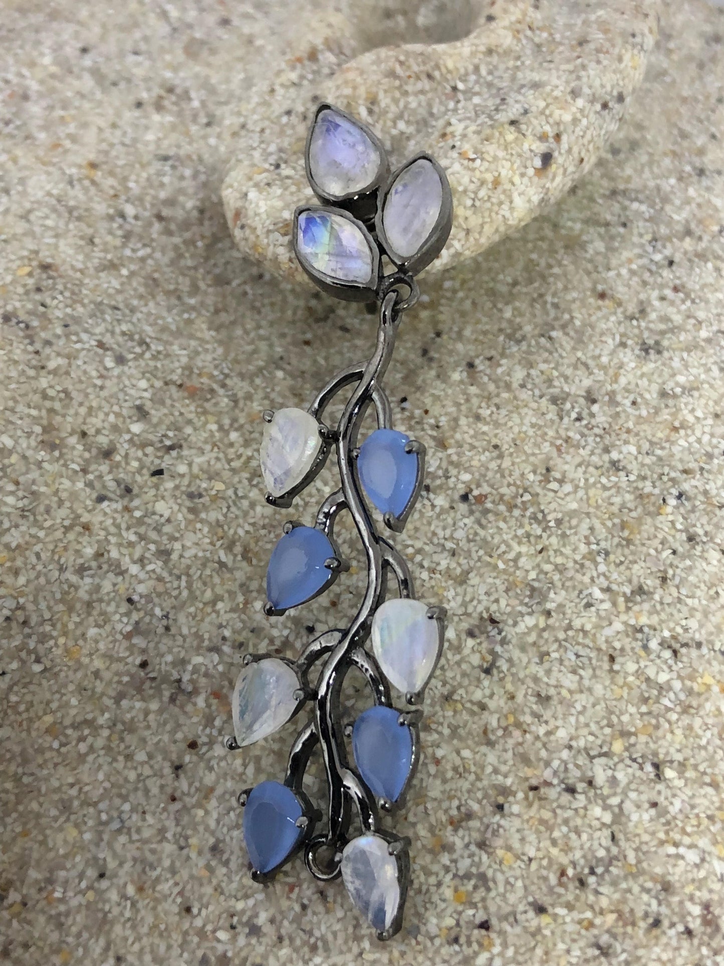 Vintage Genuine Blue Chalcedony Rainbow Moonstone Sterling Silver Chandelier Earrings