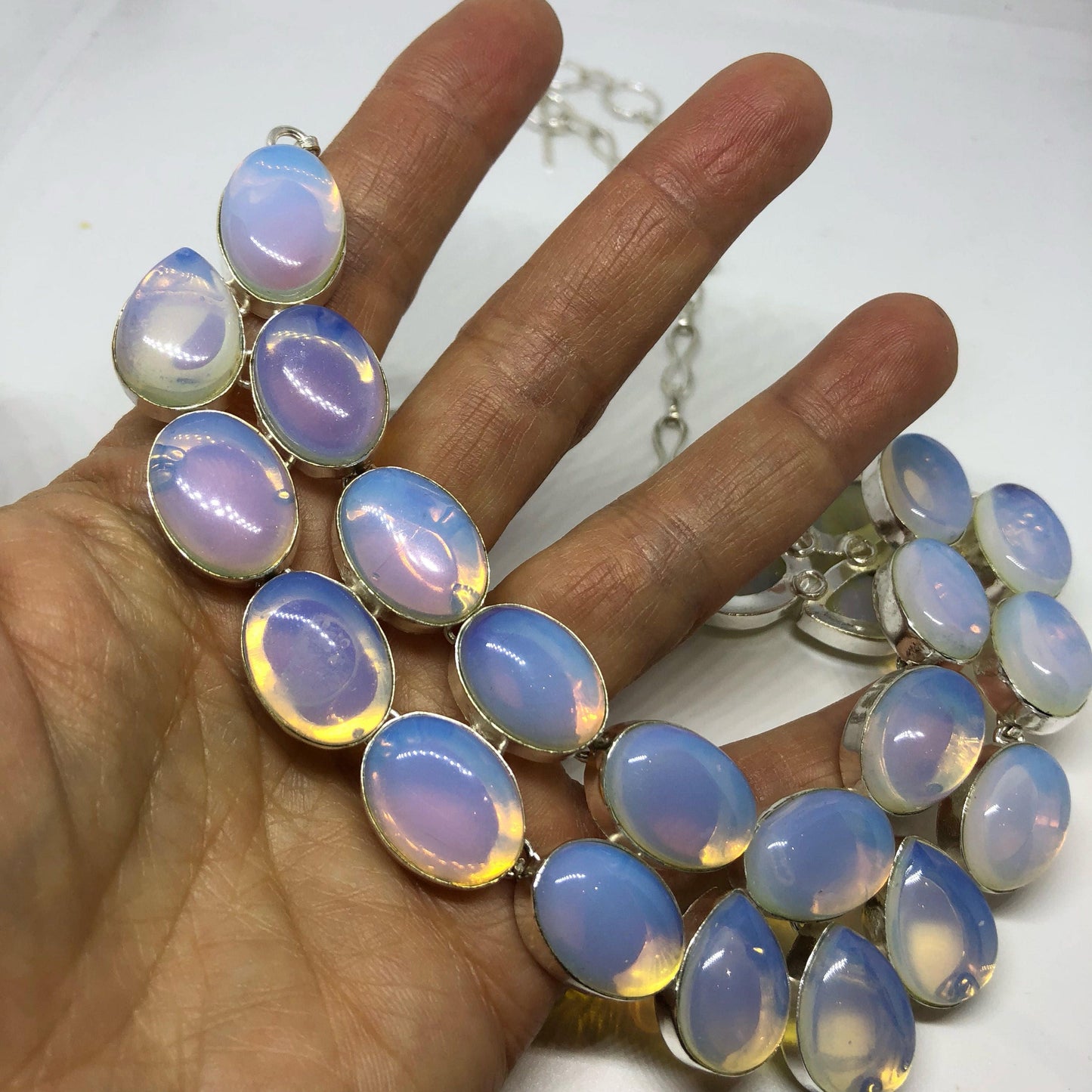 Vintage Opal milk glsss Silver collar Necklace Choker