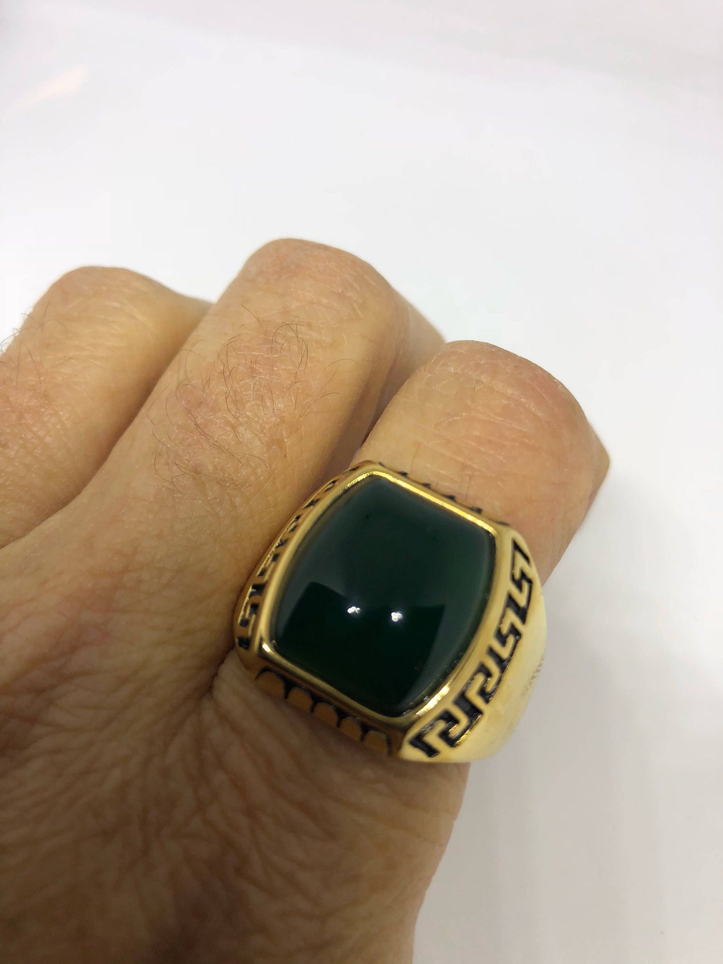 Vintage Gothic Gold Finished Genuine Green Onyx Mens Ring