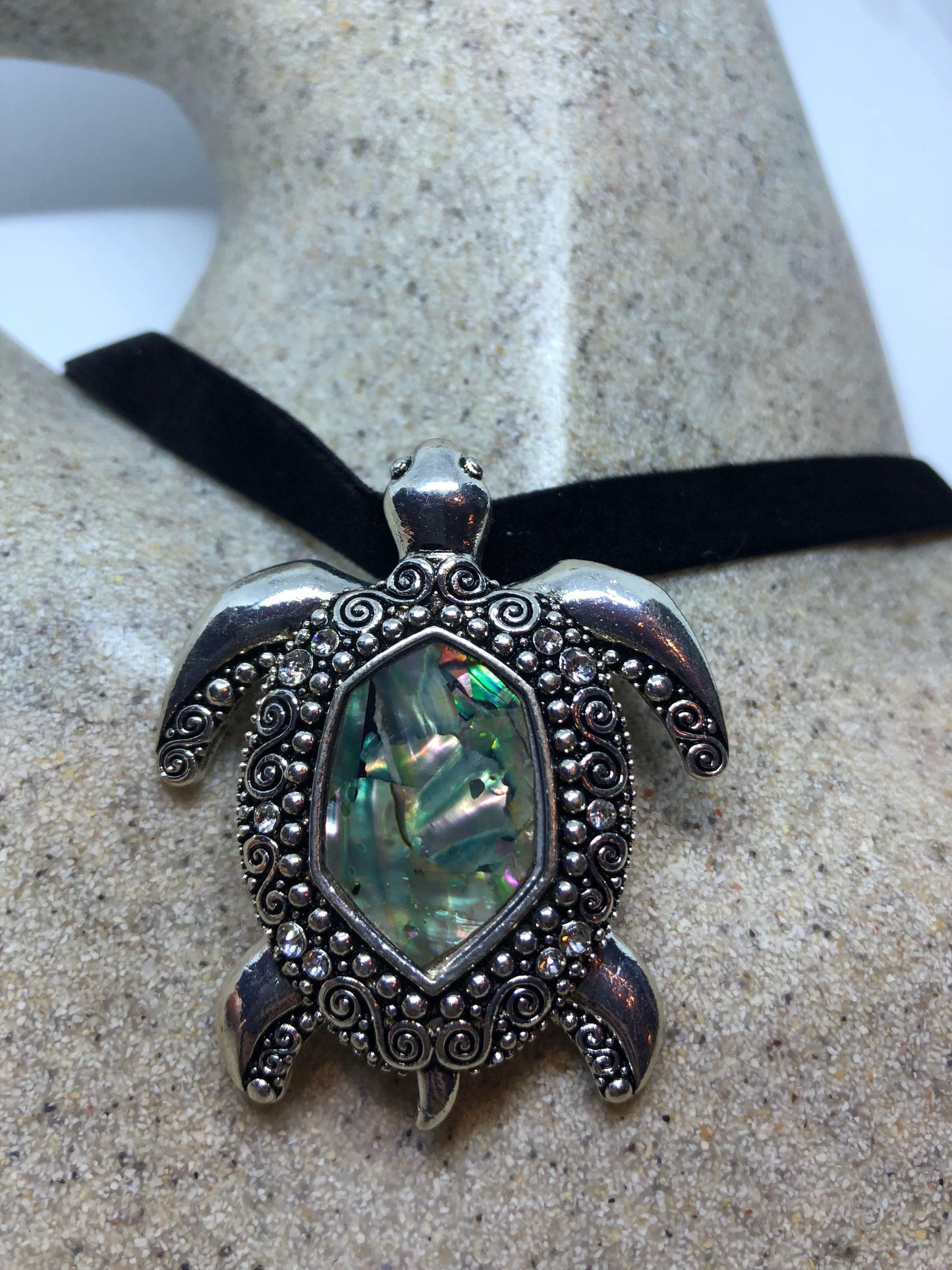 Blue Handmade Gothic Styled Silver Finished Genuine Abalone Sea Turtle Choker Necklace