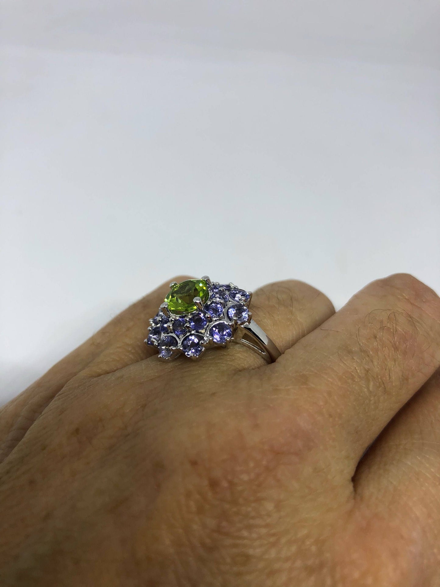 Vintage Handmade Genuine Green Peridot and Blue Iolite 925 Sterling Silver Gothic Flower Ring