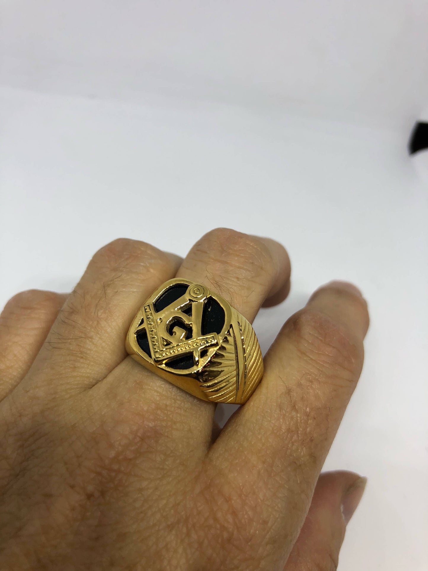 Vintage Gothic Gold Stainless Steel Genuine Black Onyx Free Mason Mens Ring