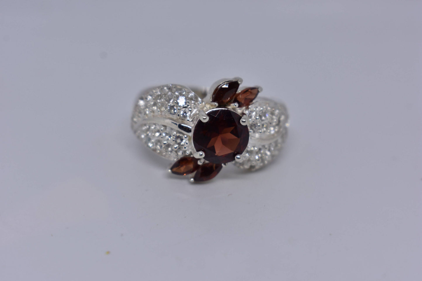 Vintage Red Bohemian Garnet Ring White Sapphire 925 Sterling Silver Cocktail Statement