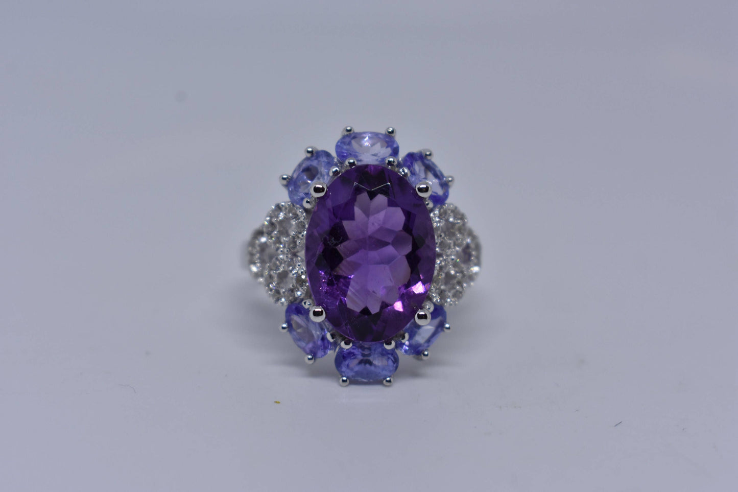 Vintage Genuine Amethyst Blue Tanzanite and White Sapphire 925 Sterling Silver Ring