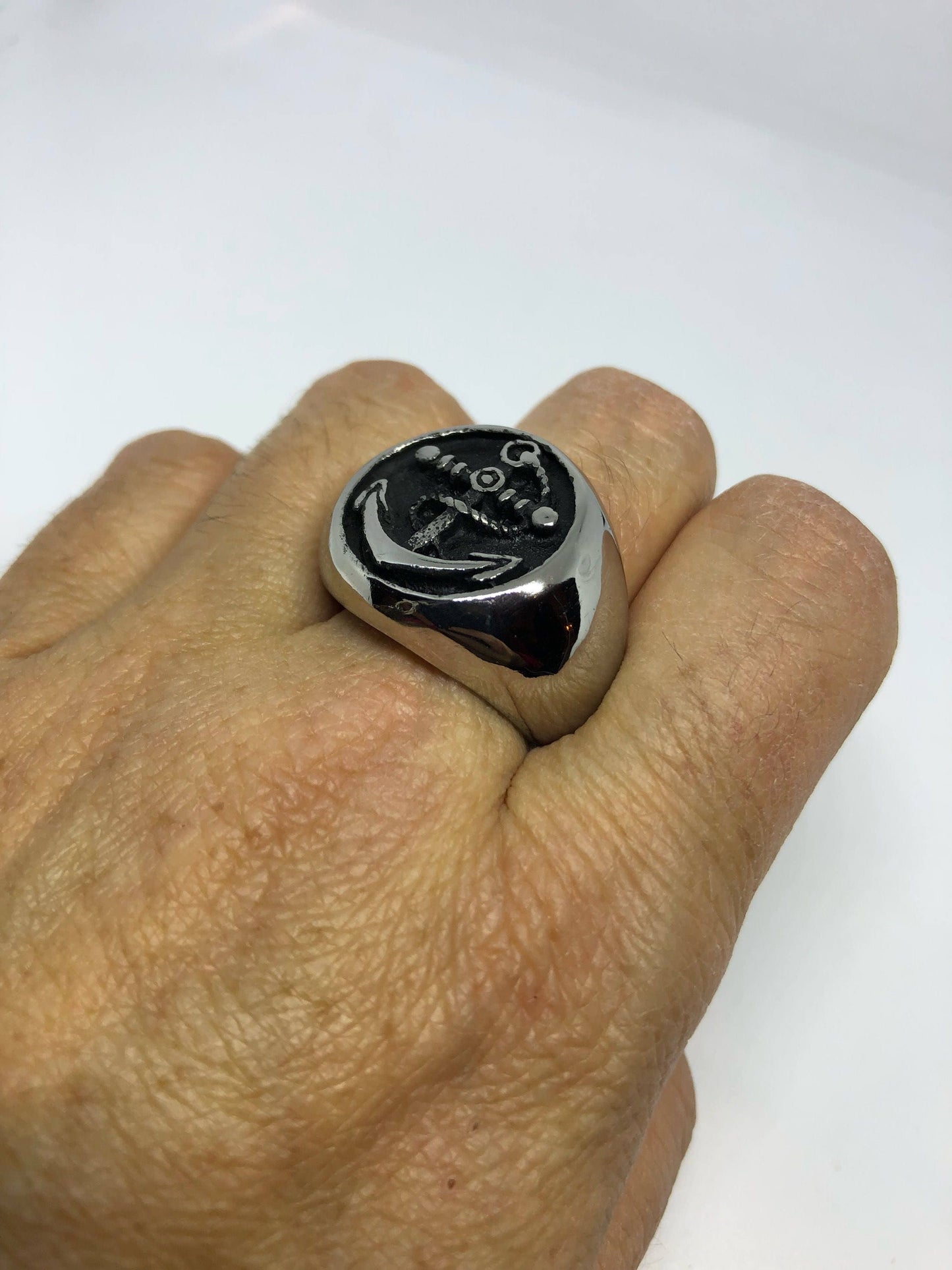 Vintage Silver Stainless Steel Gothic Anchor Mens Ring