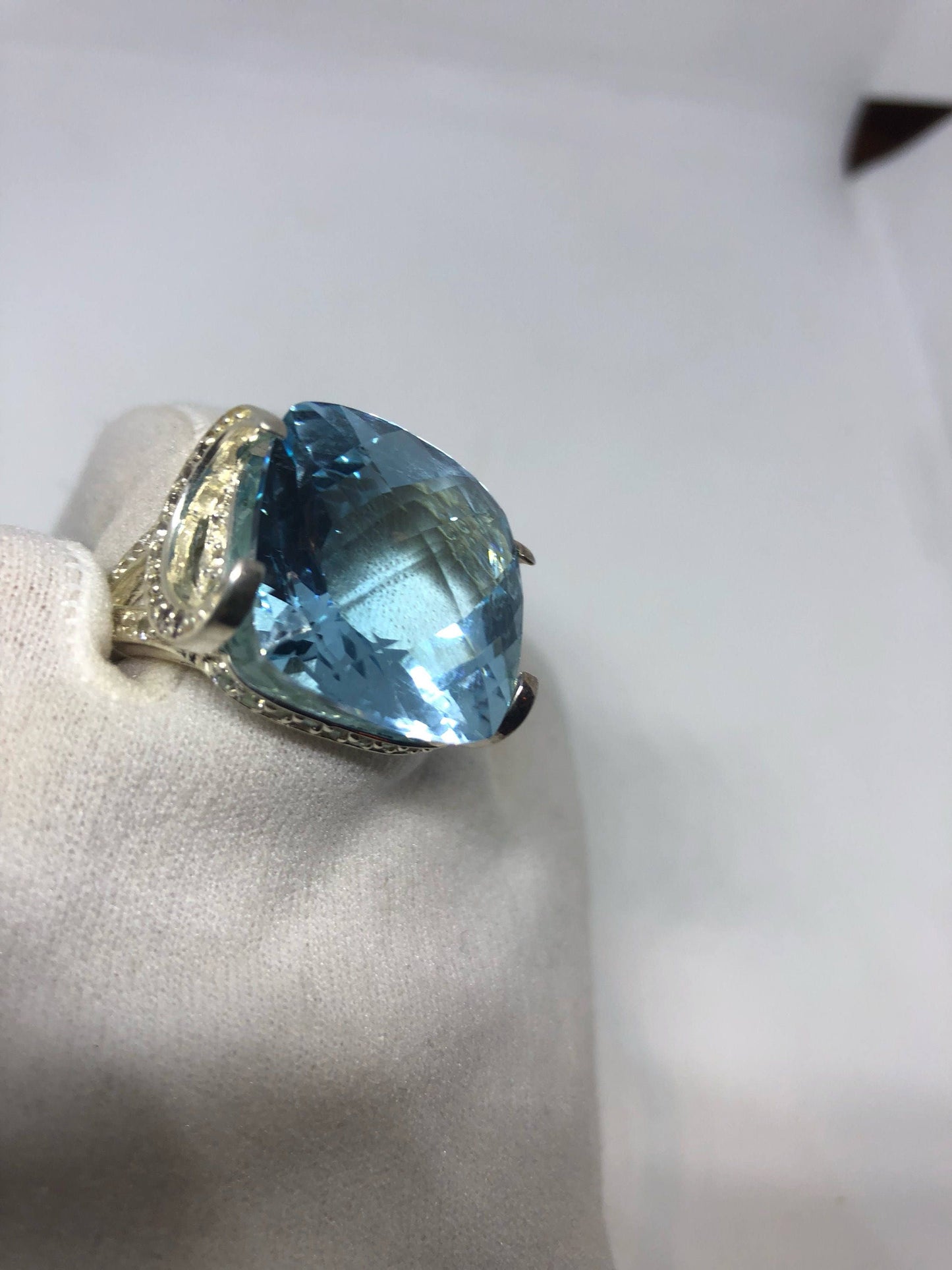 Vintage geniune blue topaz White Sapphire Wiccan Moon 925 sterling silver Ring