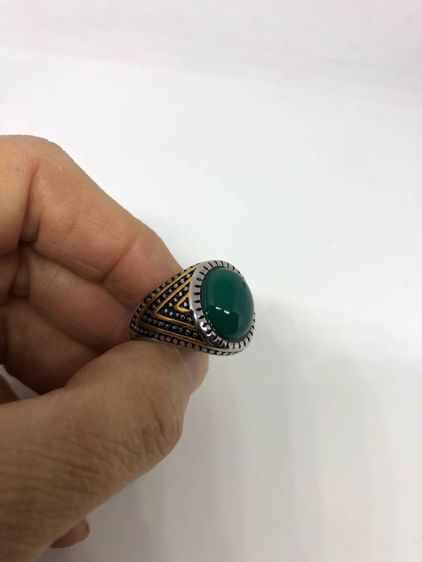 Vintage Gothic Gold Silver Stainless Steel Genuine Green Onyx Mens Ring