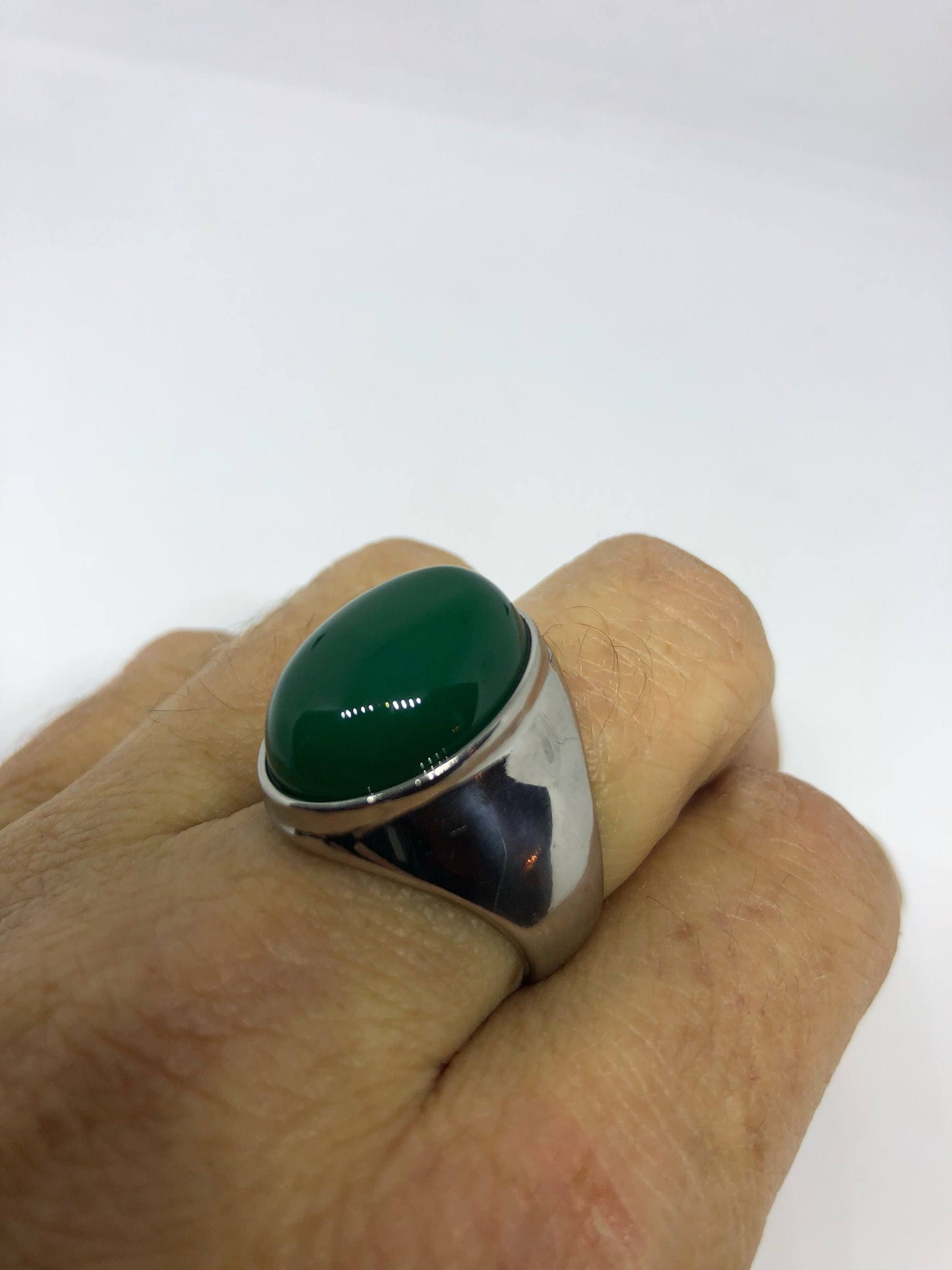 Vintage Silver Stainless Steel Genuine Green Onyx Mens Ring