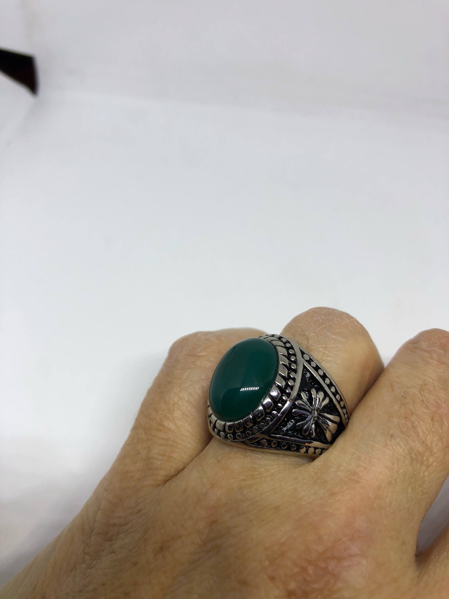 Vintage Gothic Silver Stainless Steel Genuine Green Onyx Mens Ring