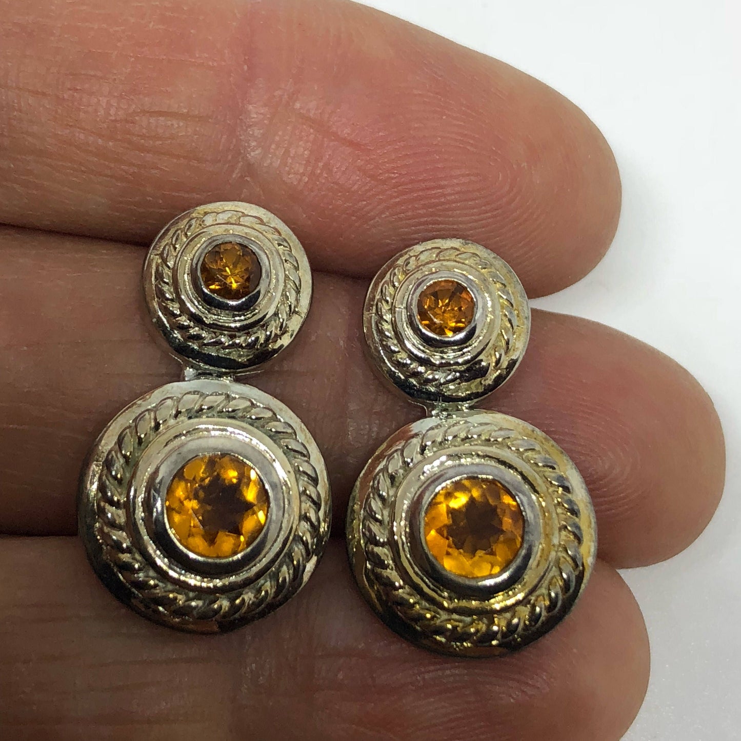 Vintage Genuine Citrine Gemstone 925 Sterling Silver Drop Earrings