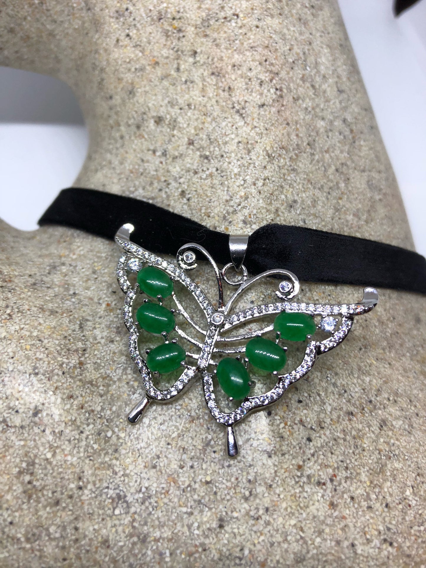 Vinate Green Jade Silver Finish Butterfy Necklace