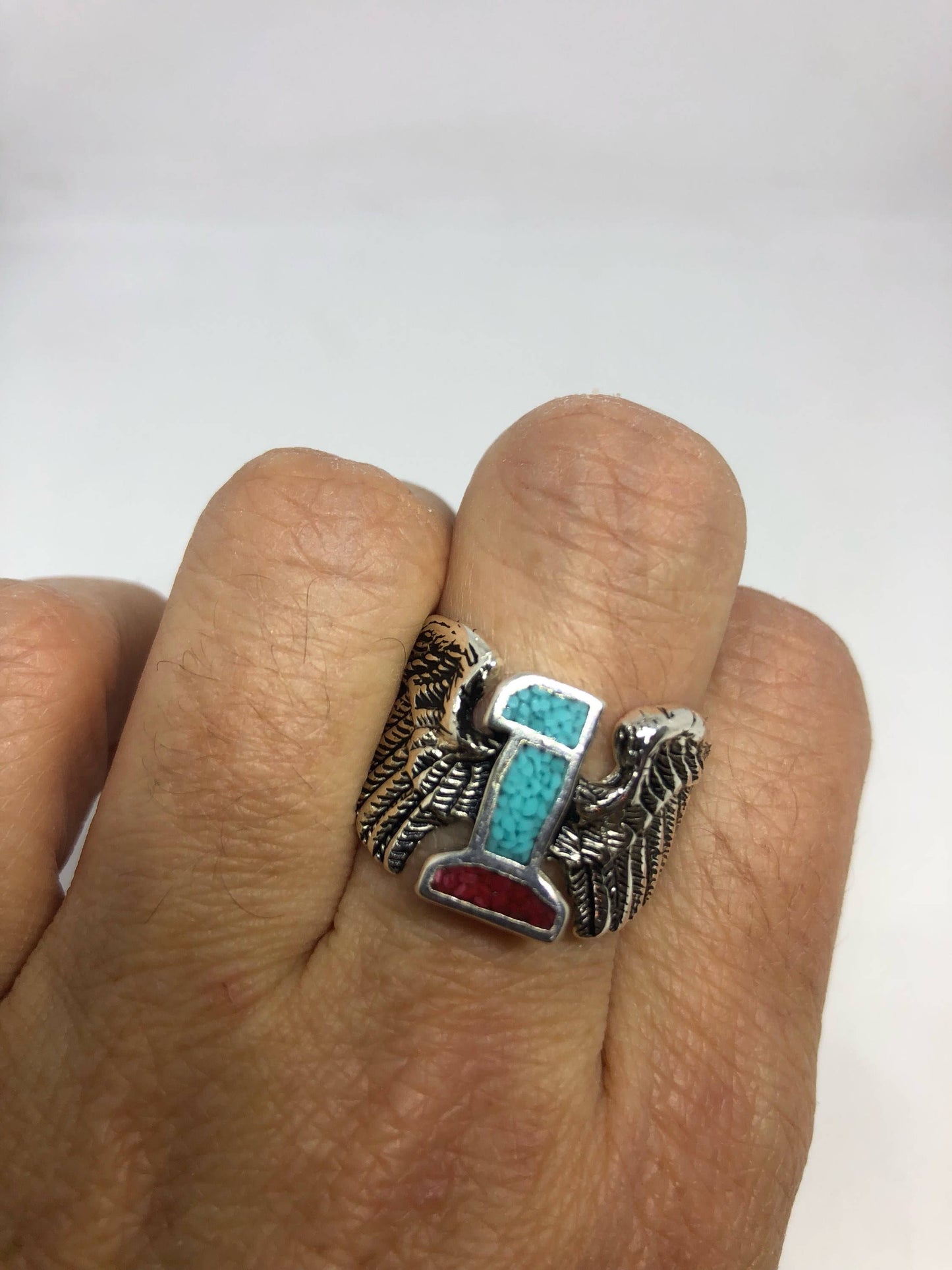 Vintage Native American Style Southwestern Turquoise Stone Inlay Mens Ring