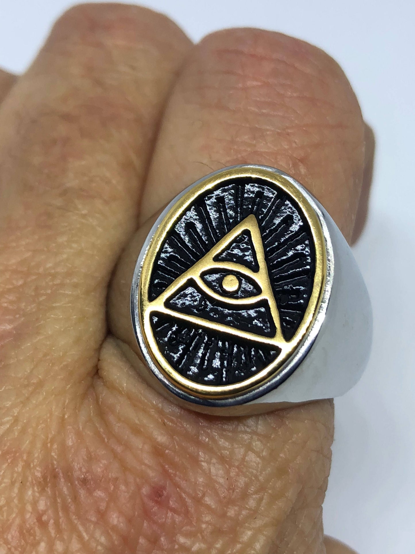 Vintage Illuminate Ring Gothic Silver Stainless Steel Eye Pyramid Mens