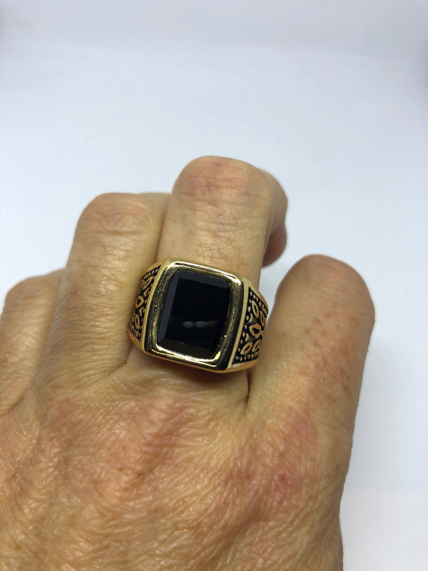 Vintage Gothic Golden Finished Stainless Steel Black Onyx Mens Ring