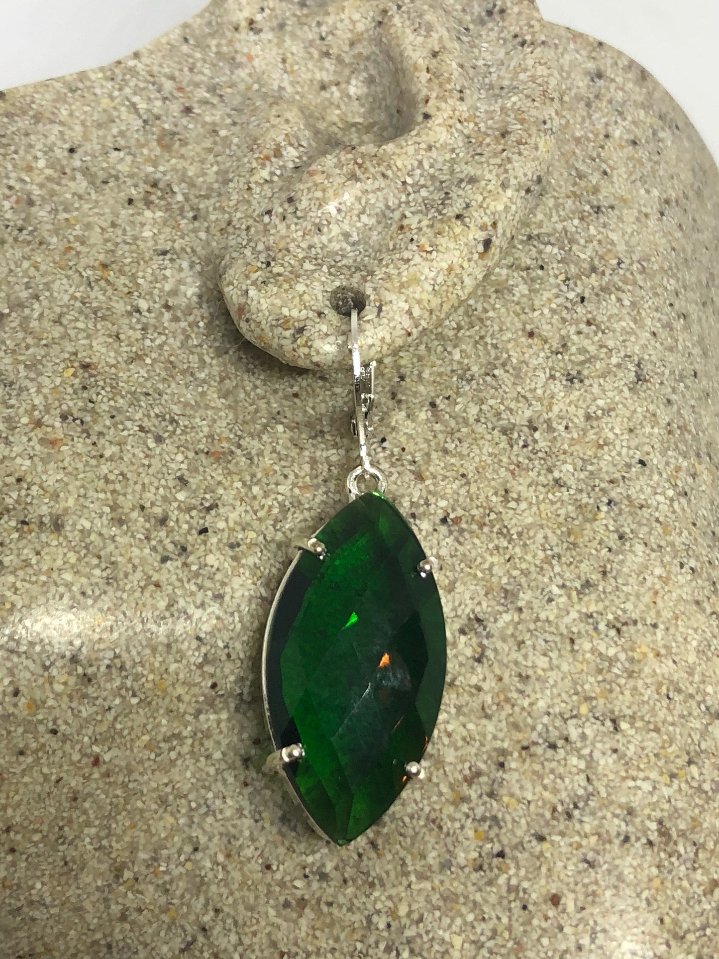 Antique Vintage Green Volcanic Glass Silver Dangle Earrings