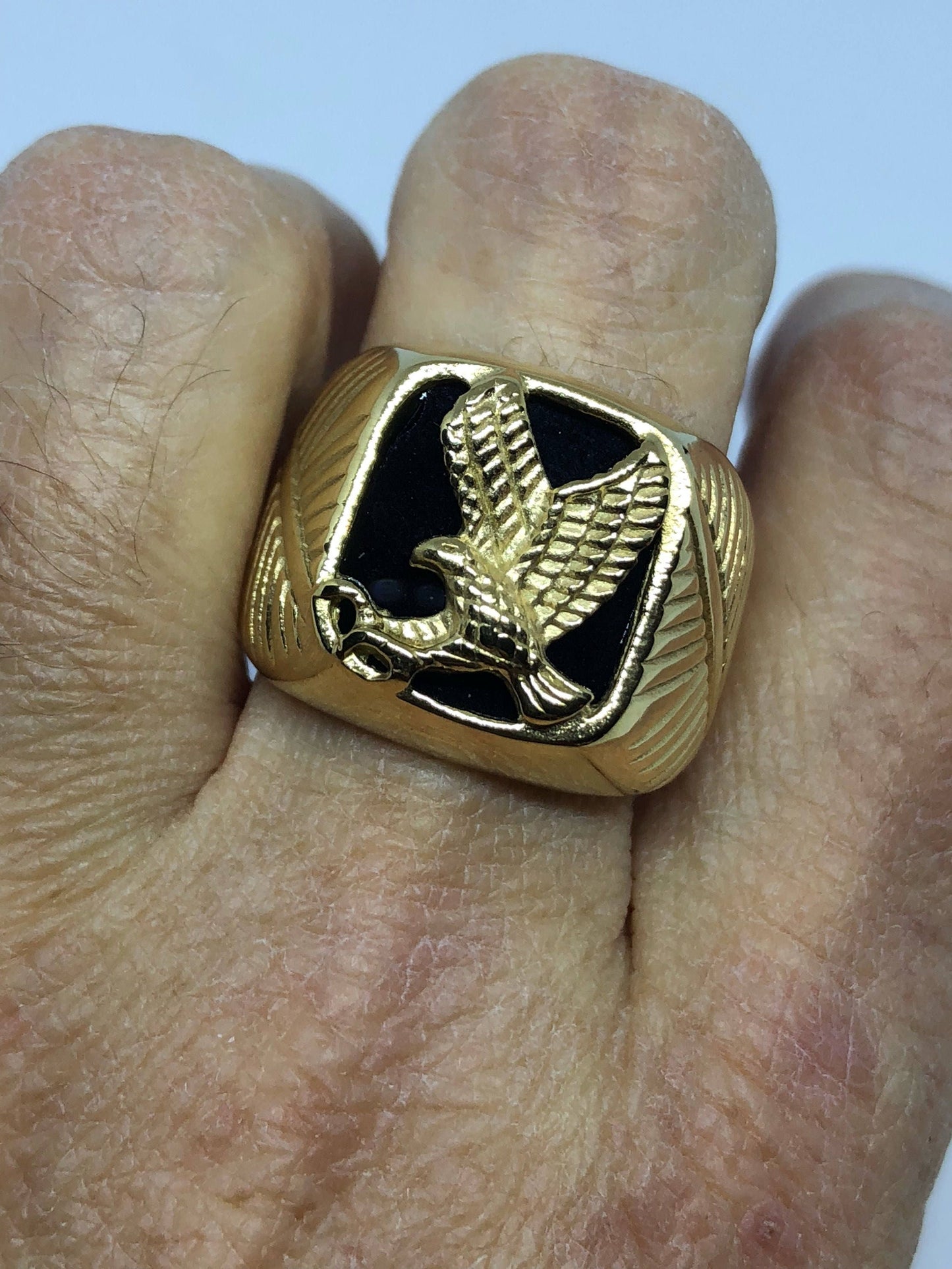 Vintage Black Onyx Southwestern Mens Eagle Golden Stainless Steel Ring