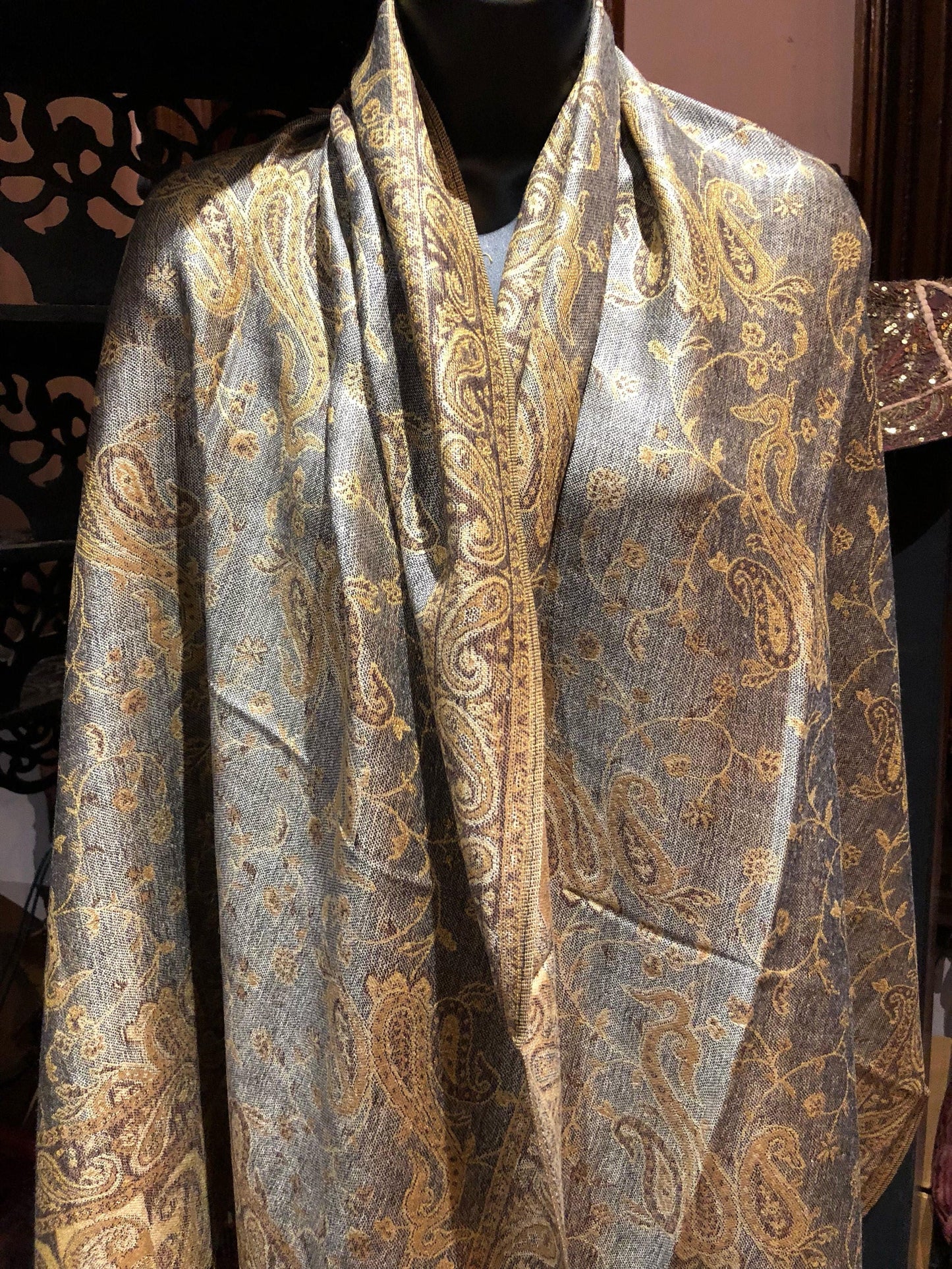 Gray Beige Vintage Paisley Brocade Pashmina Scarf Wrap Shawl