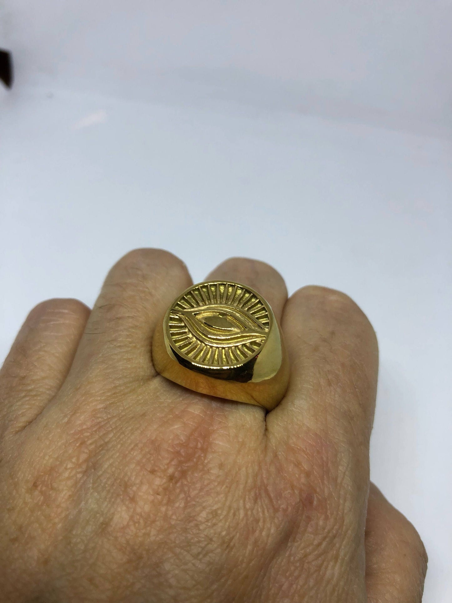 Vintage Gothic Gilded Gold Stainless Steel Illuminati Eye Mens Ring