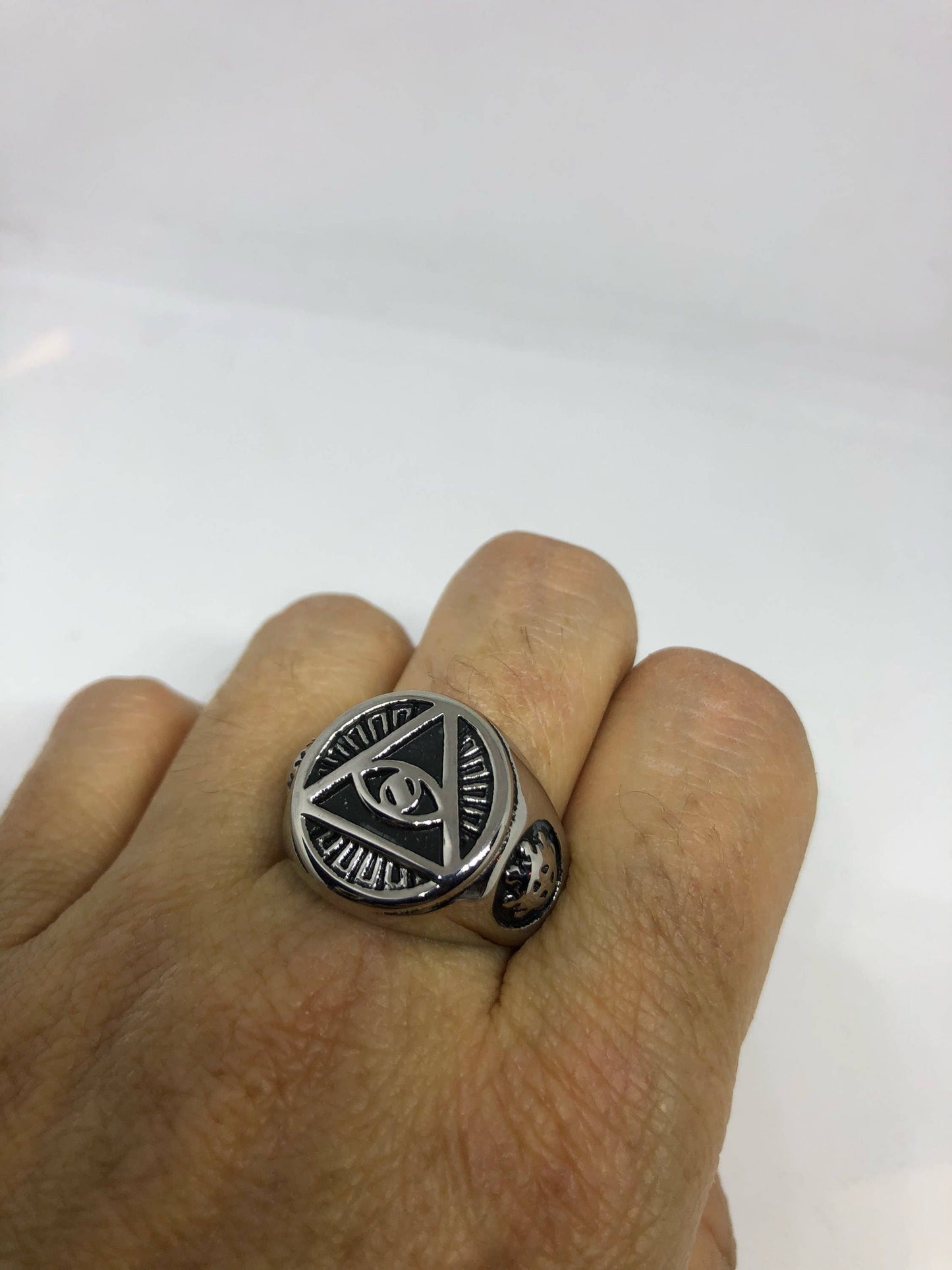 Vintage Gothic Stainless Steel Illuminati Eye Pyramid Mens Ring