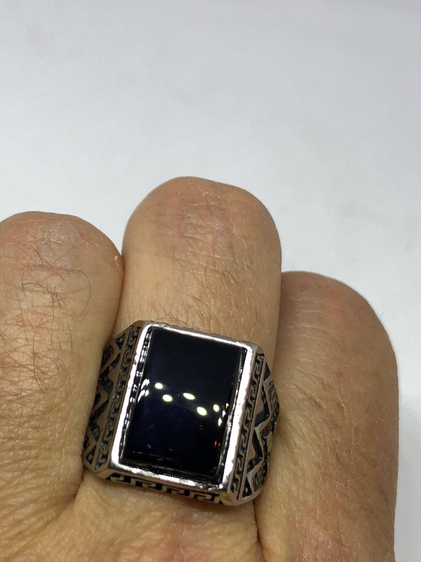 Vintage Gothic Black Onyx Stainless Steel Mens Ring