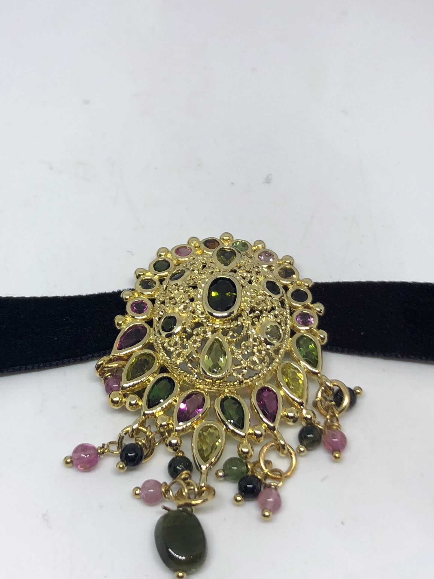 Handmade Vintage watermelon Tourmaline Large Gold Vermeil 925 Sterling Filigree Pendant