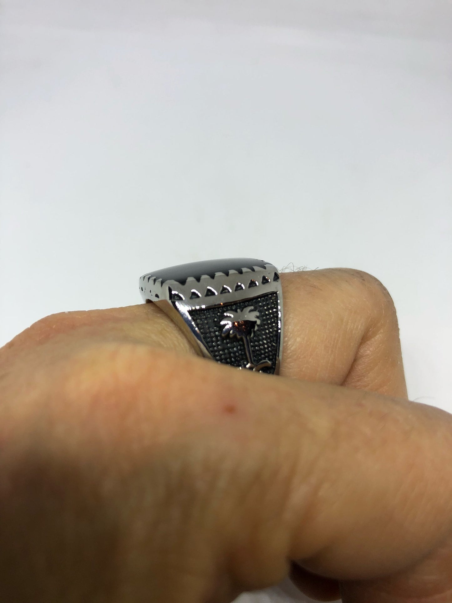 Vintage Gothic Black Onyx Stainless Steel Mens Ring