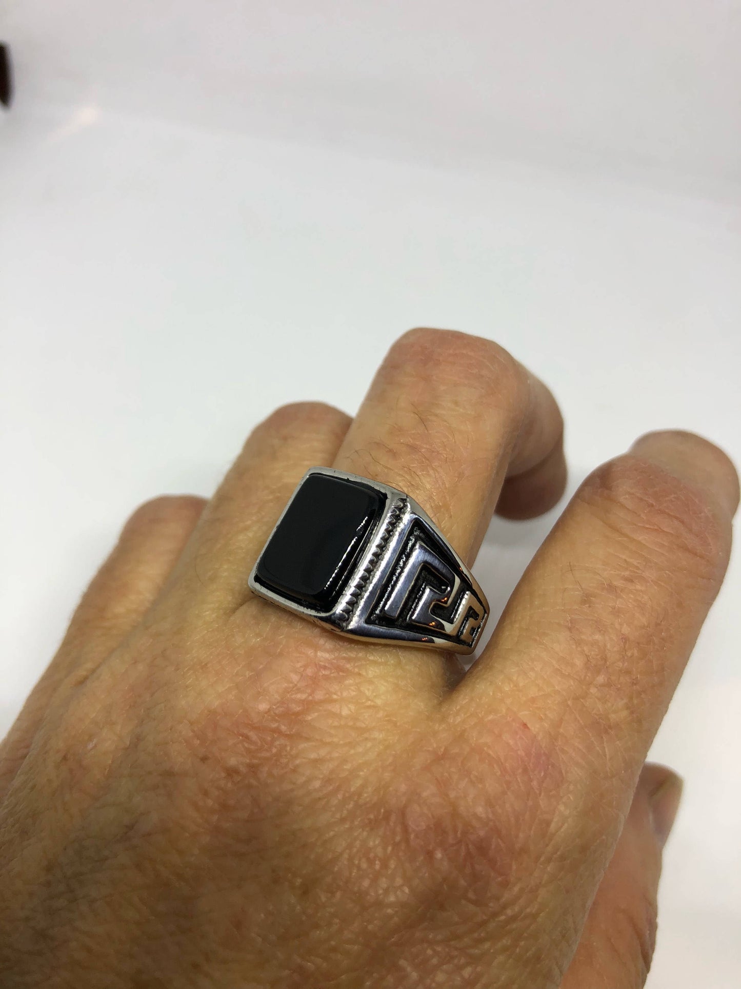 Vintage Gothic Black Onyx Stainless Steel Mens Ring