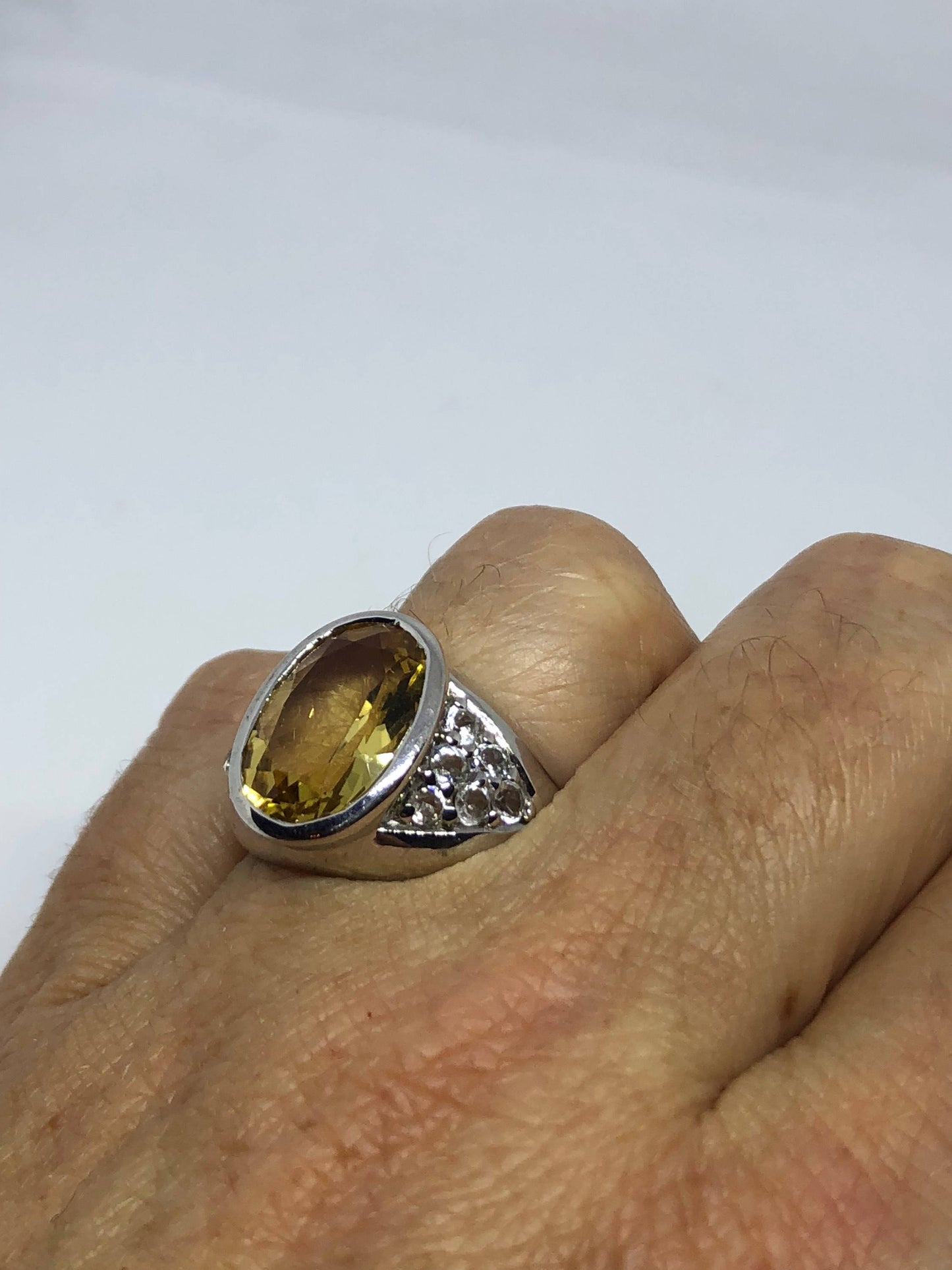Vintage Golden Citrine Ring Deco 925 Sterling Silver