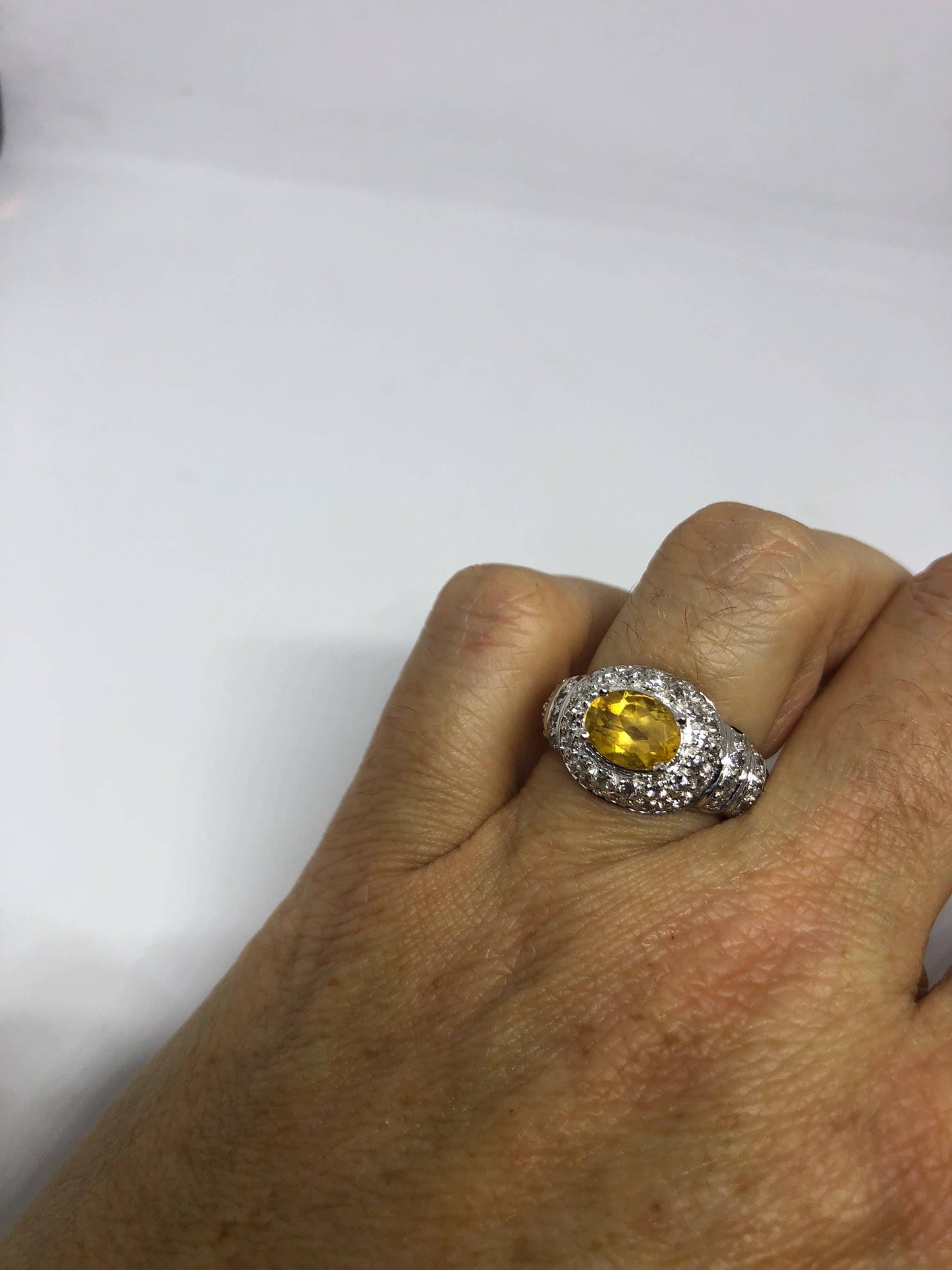 Vintage Golden Citrine Ring Deco 925 Sterling Silver