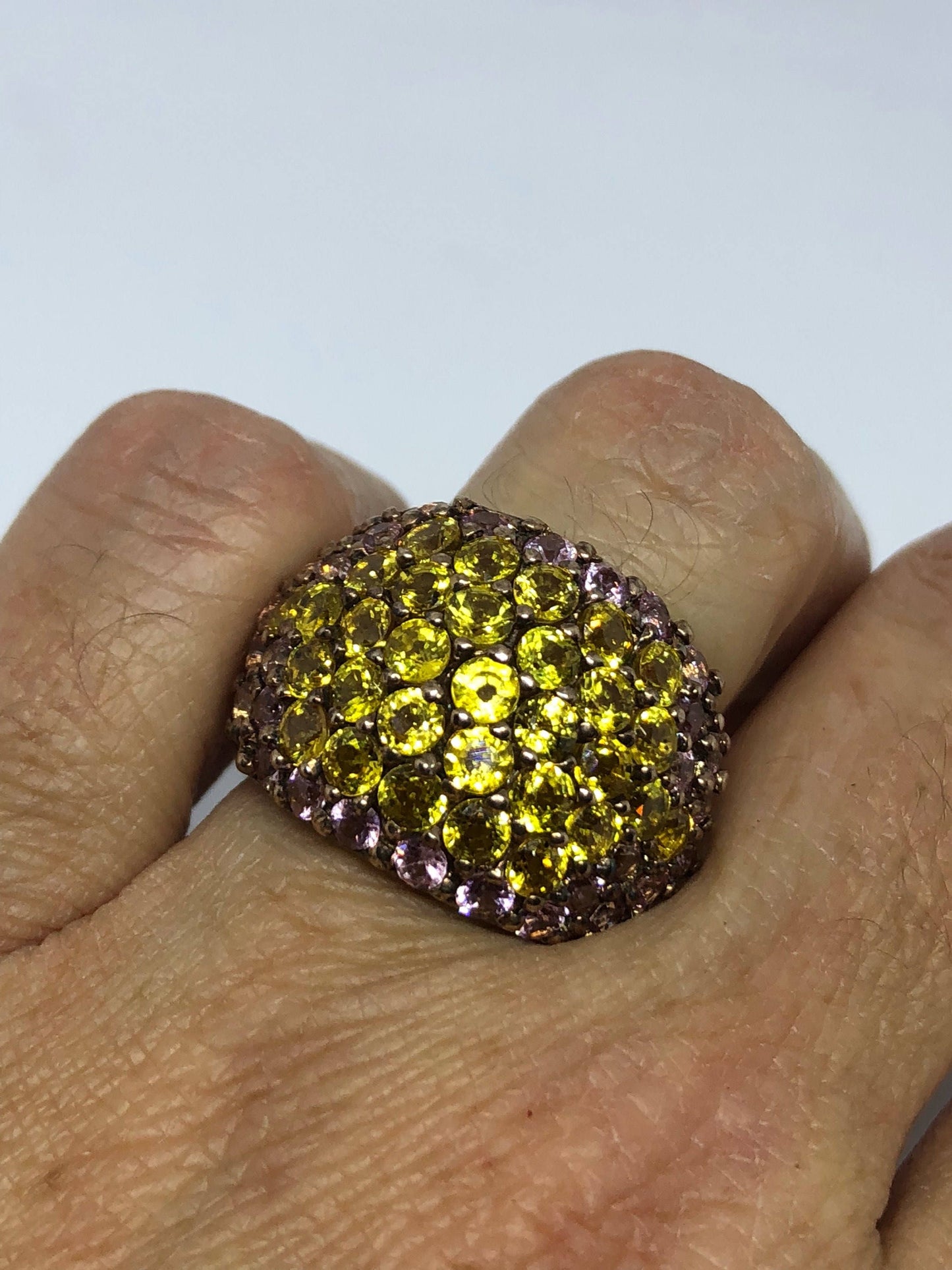 Vintage Handmade Golden Genuine Lemn Quartz and Pink Tourmaline 925 Sterling Silver Gothic Ring