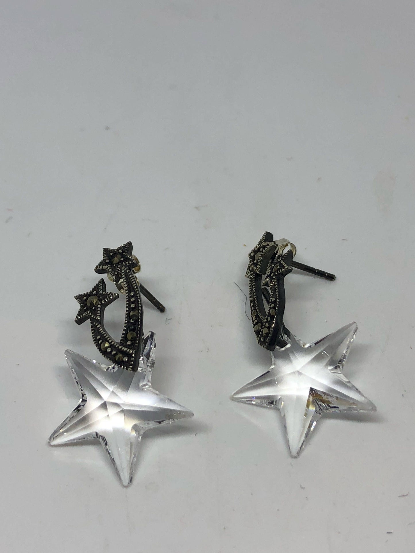 Real Clear Crystal Cubic Zirconia Star Marcasite 925 Sterling Silver dangle earrings