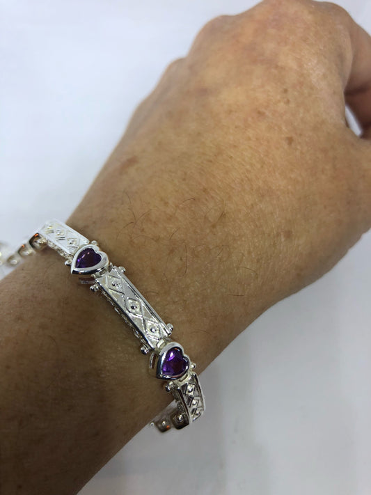 Vintage Purple Amethyst Bracelet Heart 925 Sterling Silver Tennis