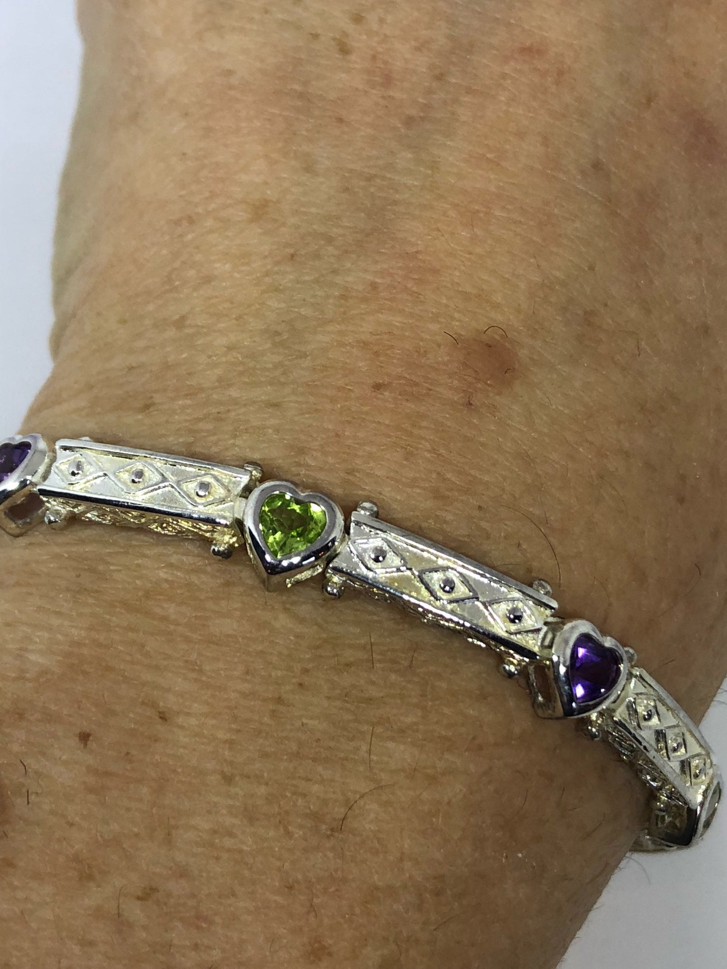 Vintage Handmade Genuine Peridot Amethysts 925 Sterling Silver Tennis Bracelet