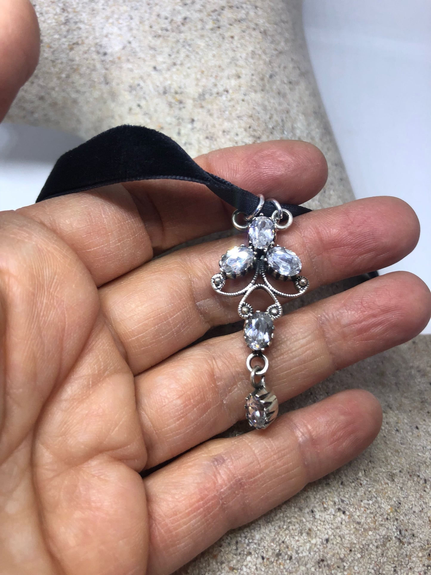 Vintage Handmade 925 Sterling Silver Clear Quartz White Sapphire Pendant