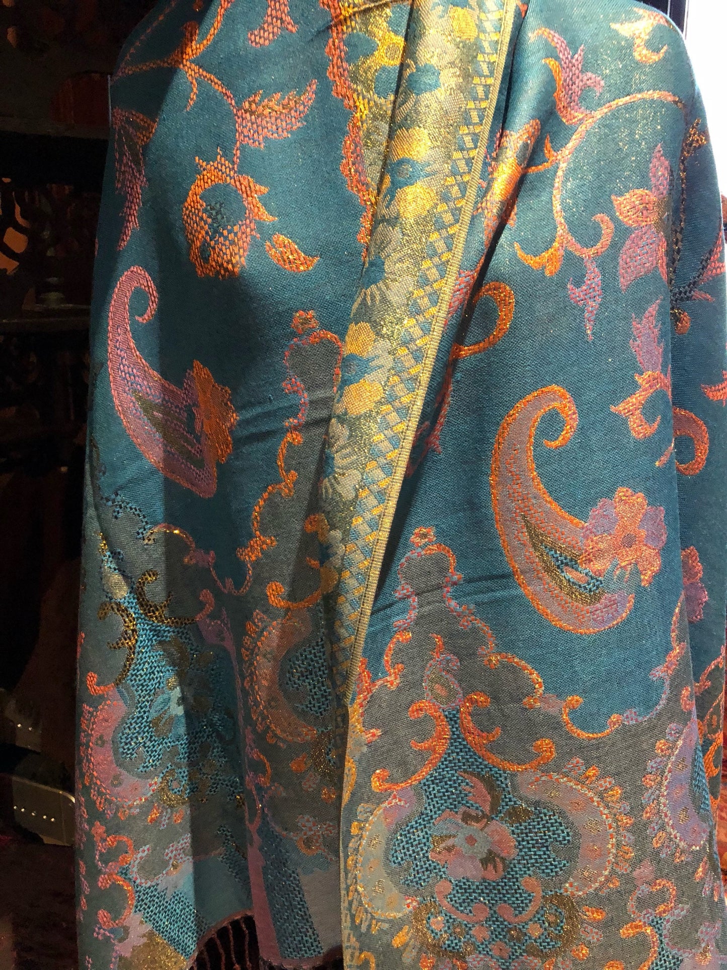Golden Vintage Blue Metallic Paisley Brocade Pashmina Scarf Wrap