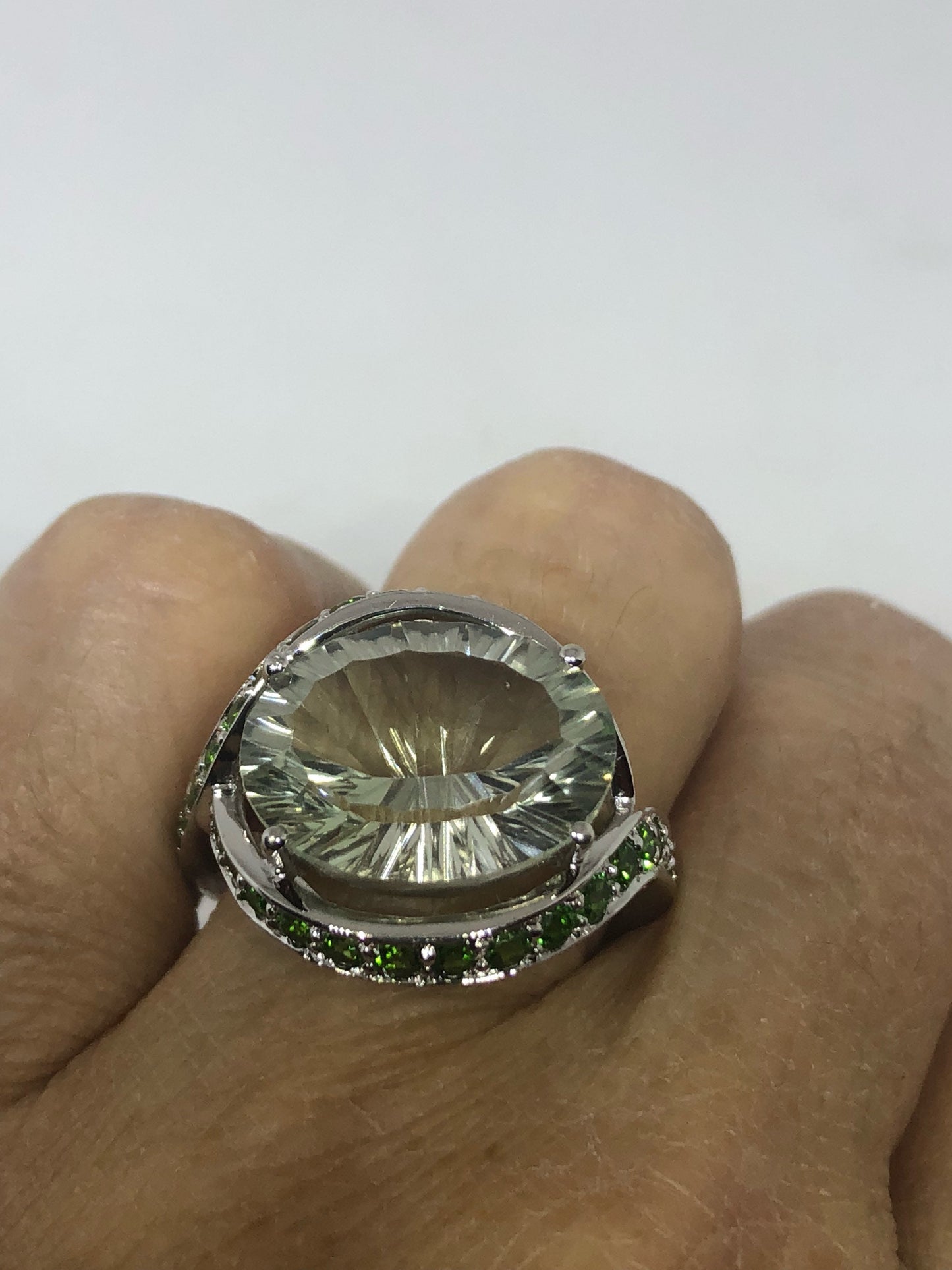 Vintage Handmade Green Chrome Diopside and Green Amethyst Filigree Setting Sterling Silver Gothic Ring