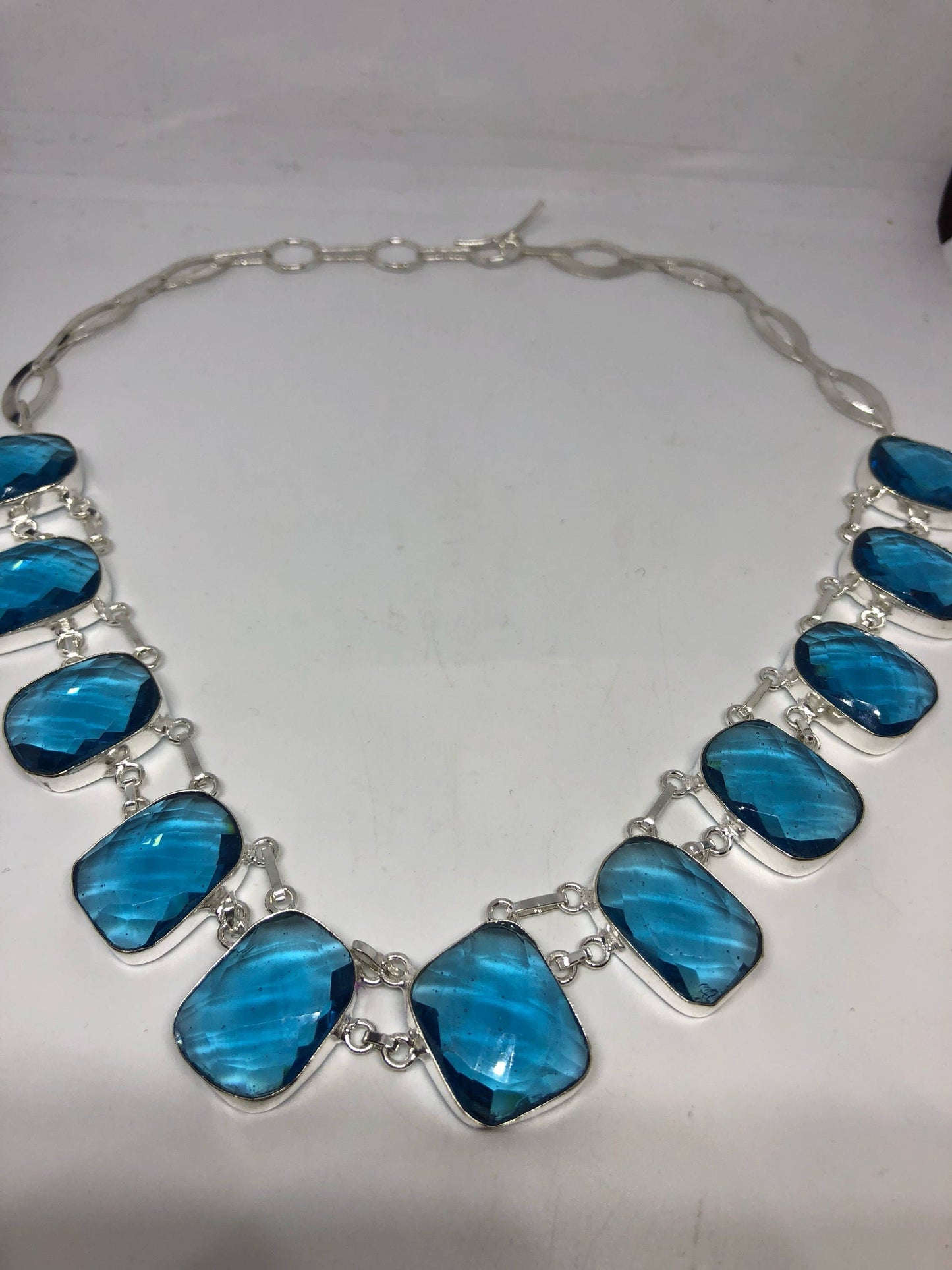 Blue Handmade Gothic Styled Silver Finished Genuine Facetted Antique Volcanic Glass Choker Necklace