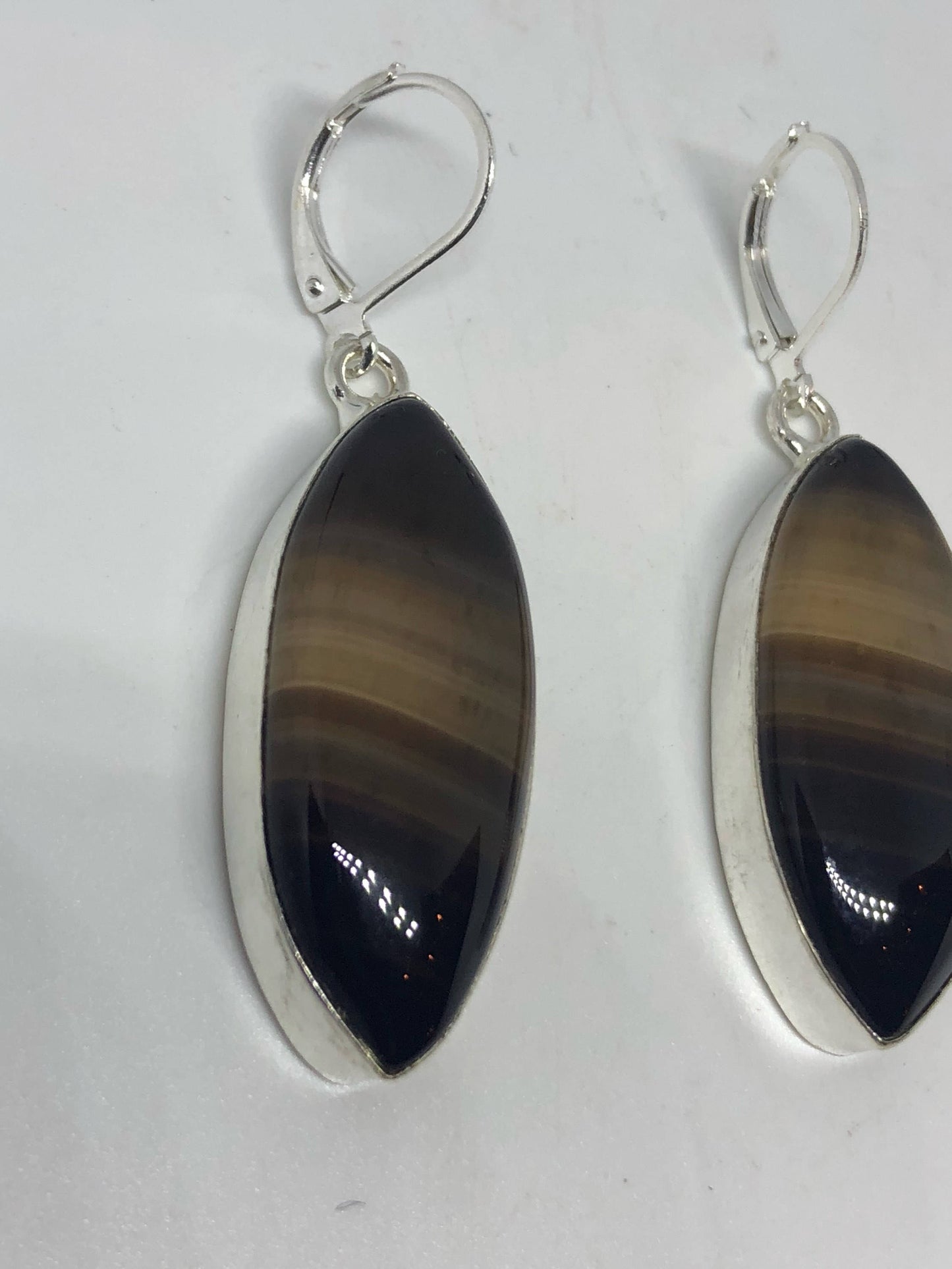 Antique Vintage Genuine Smoky Agate Silver Dangle Earrings