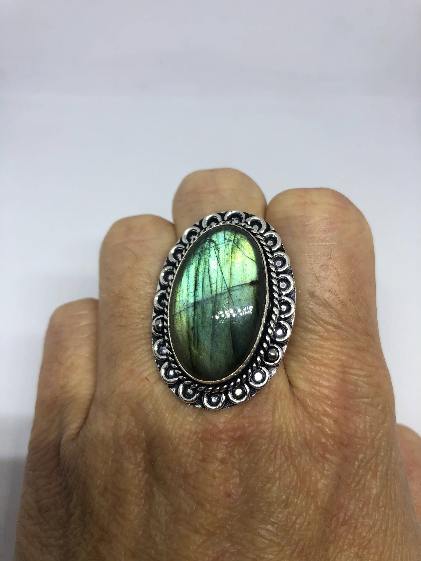 Vintage Large Blue Green Labradorite Stone Silver Ring