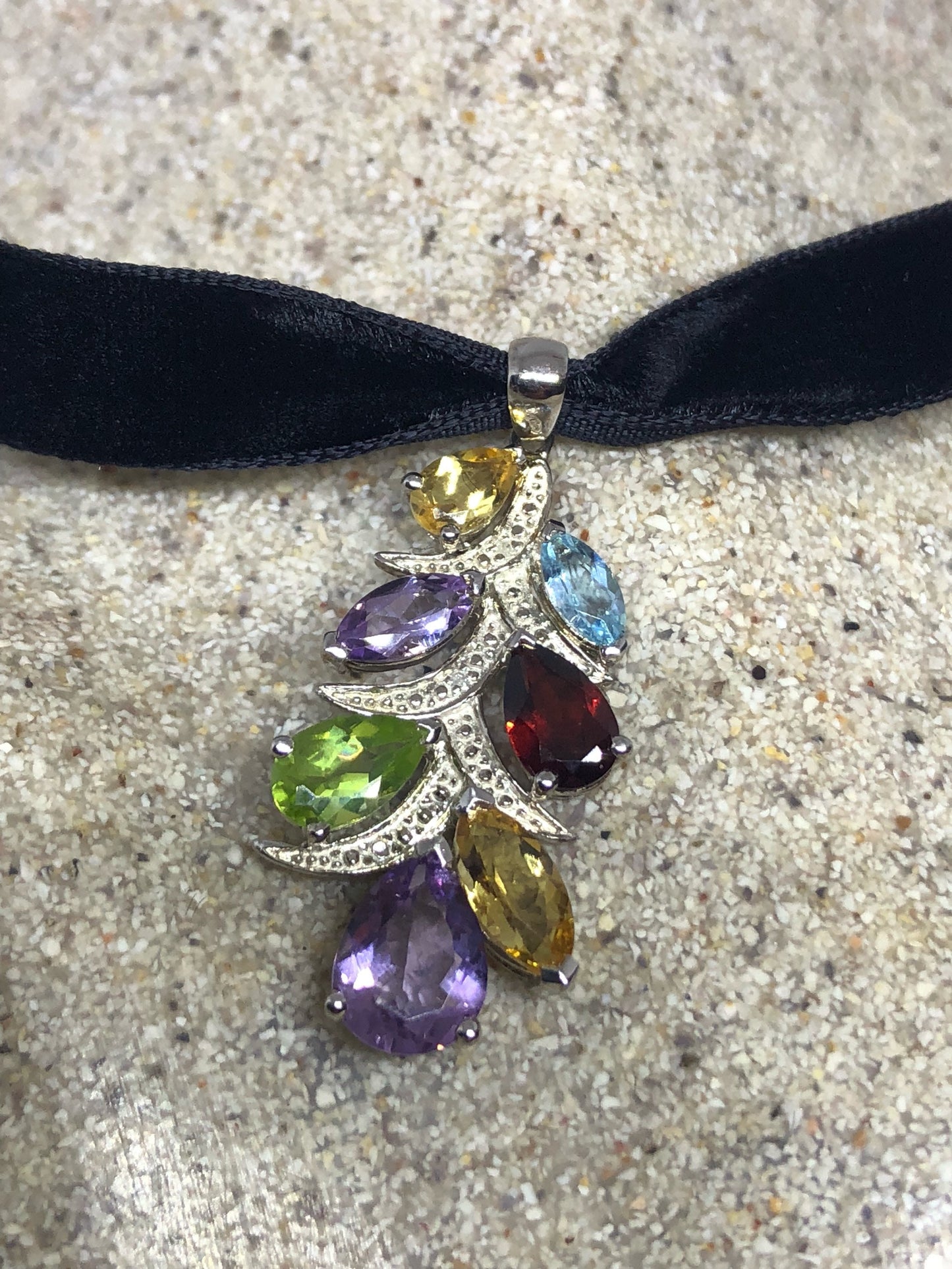 Vintage Handmade 925 Sterling Silver Genuine Garnet, Peridot and Citrine Antique Pendant Necklace