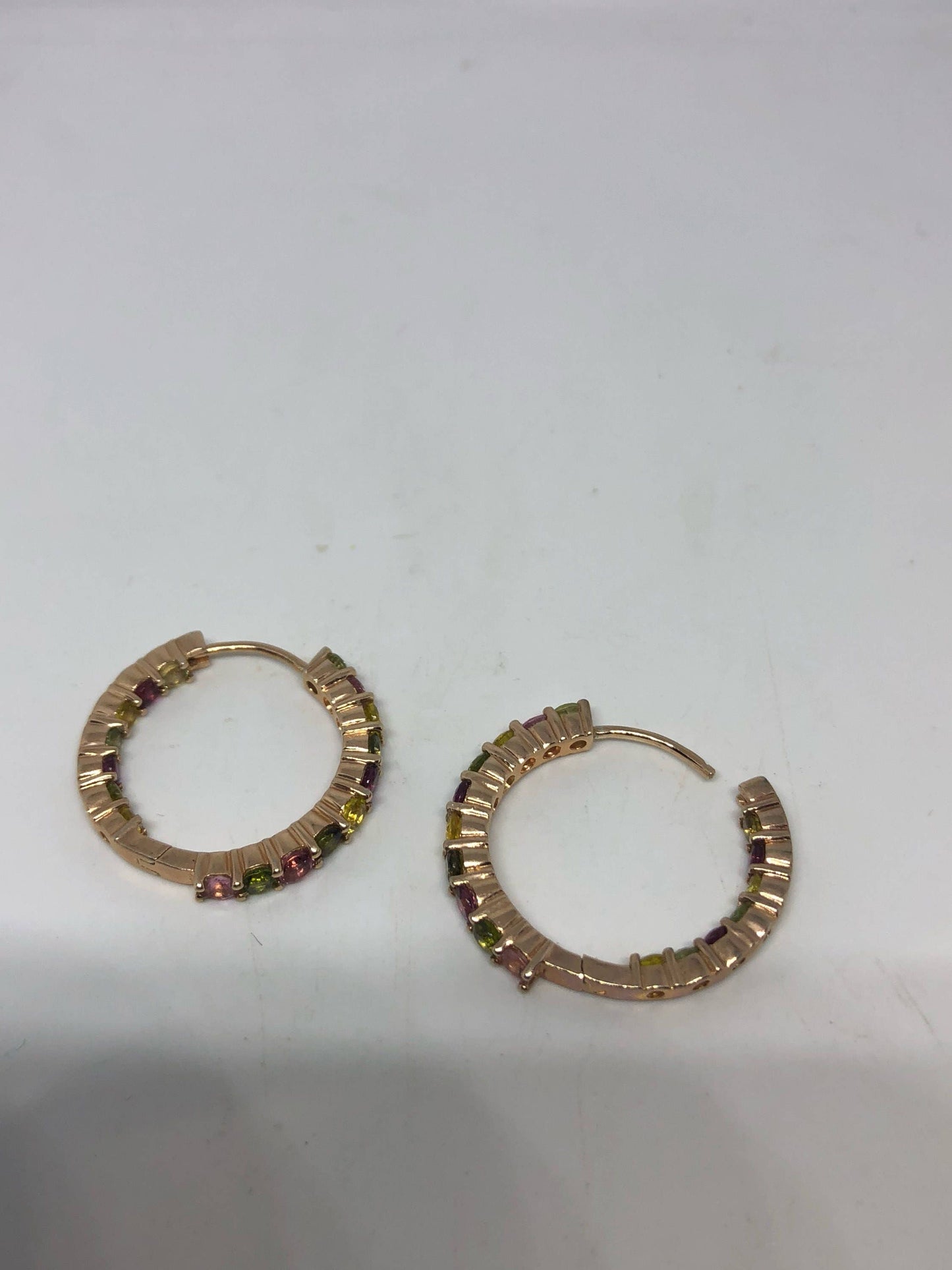 Vintage Mixed Tourmaline Sterling Silver Hoop Earrings, Rose Gold Finish