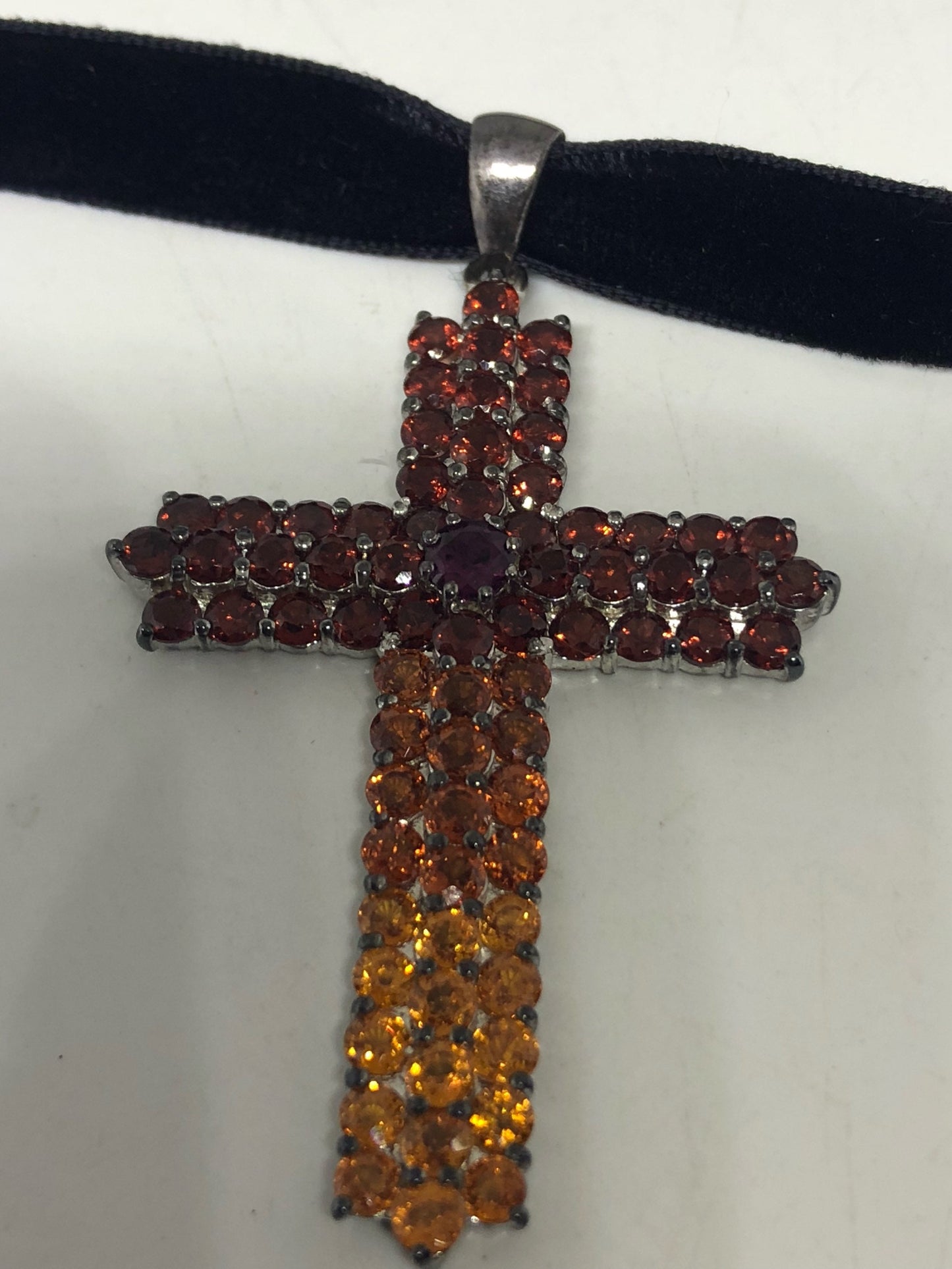 Vintage Handmade Sterling Silver Garnet Citrine Cross Pendant